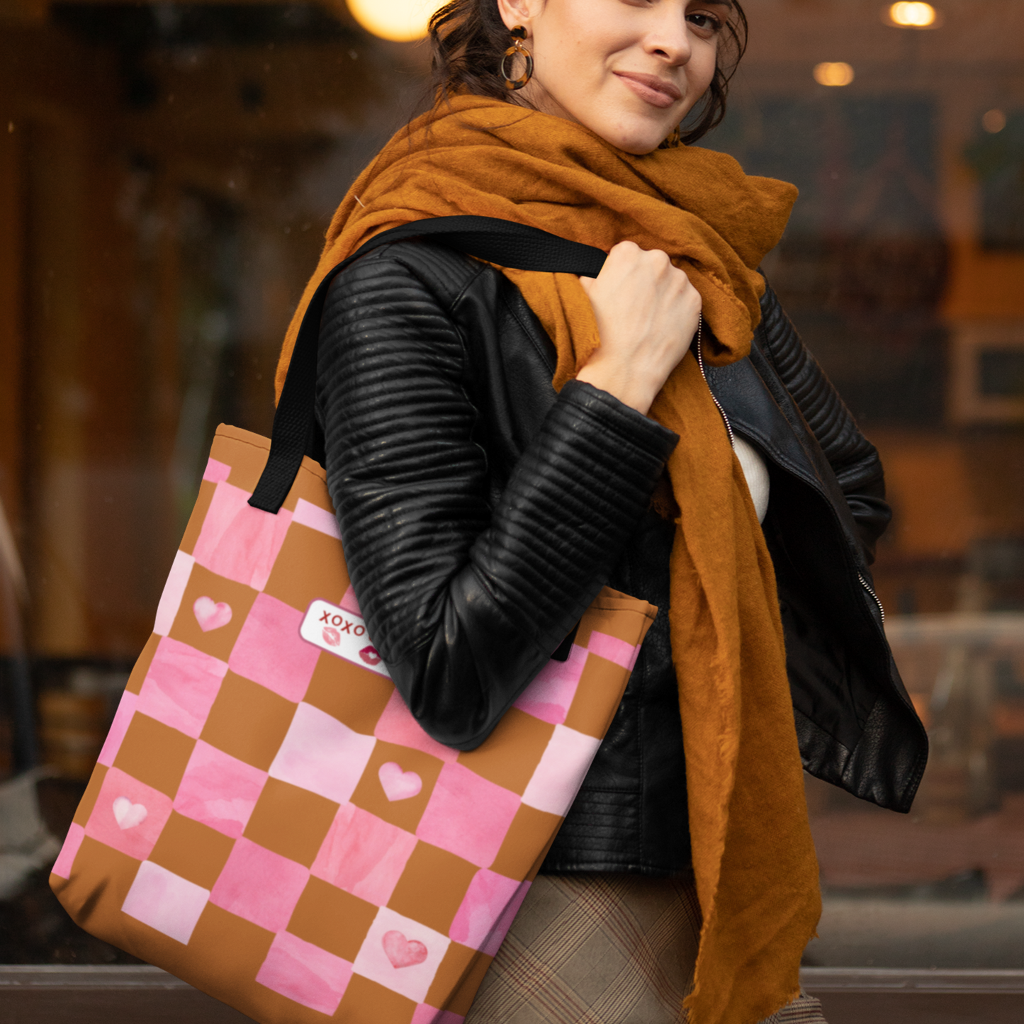 Gen Z Pink and Brown Checkerboard Bag Valentine's Gift For Romantic Occasions Love Themed Aesthetic Trendy Pink Tote For Young Women