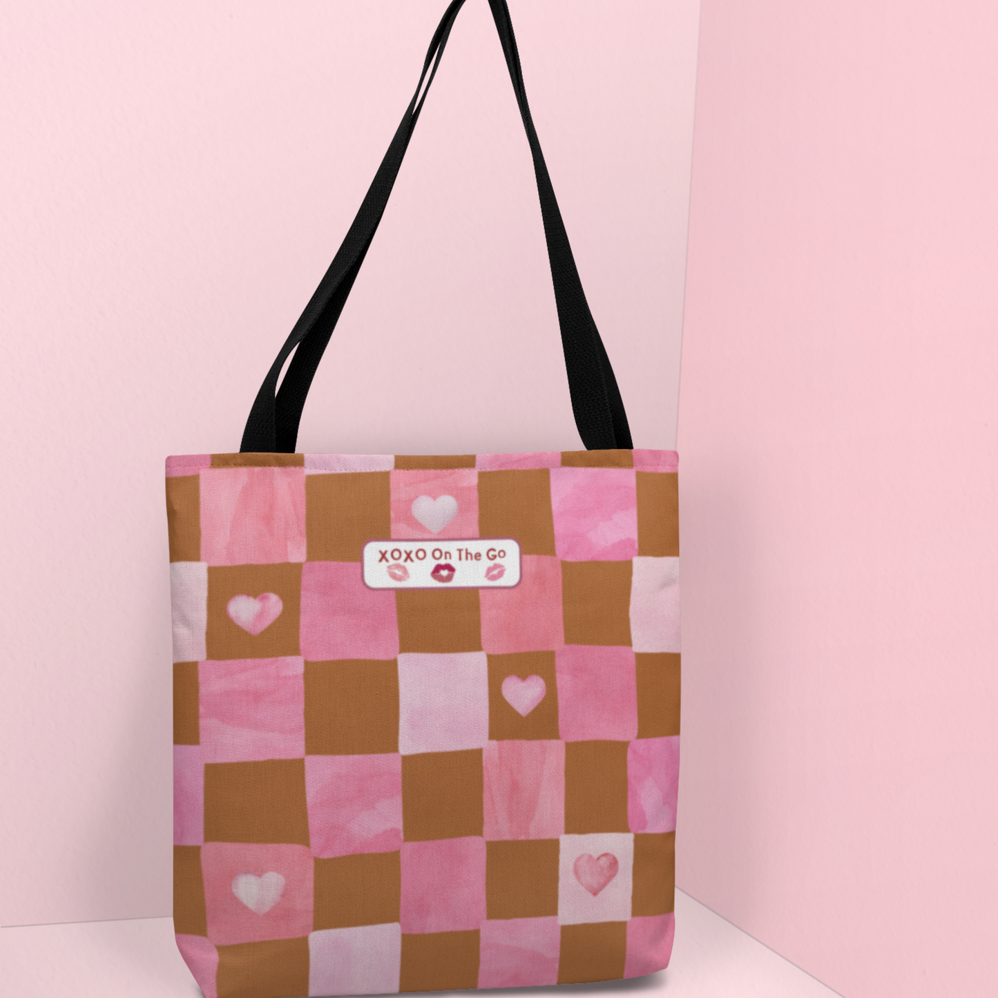 Gen Z Pink and Brown Checkerboard Bag Valentine's Gift For Romantic Occasions Love Themed Aesthetic Trendy Pink Tote For Young Women