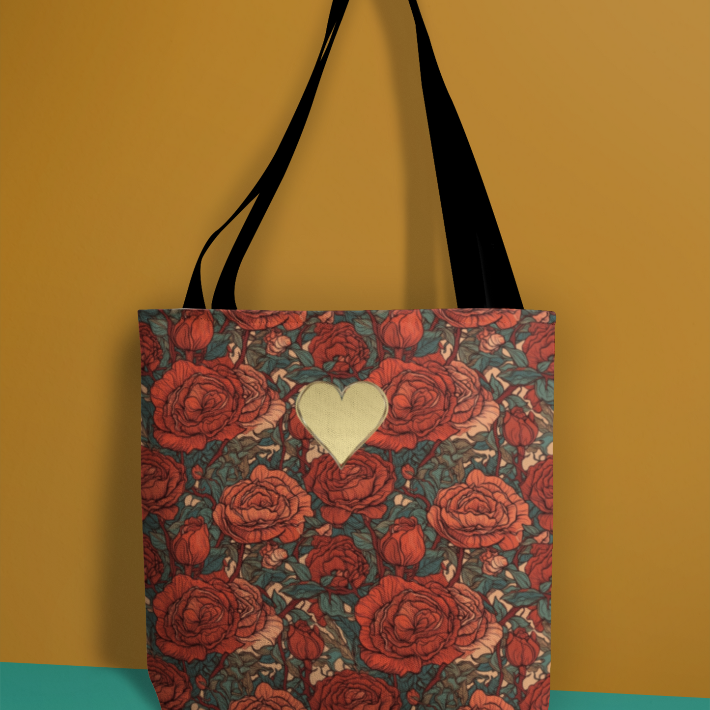 Chic Romantic Tote For Valentine's Day Roses and Hearts Bag Love Themed Gift For Women Gold Heart Embellished Durable Floral Tote Bag