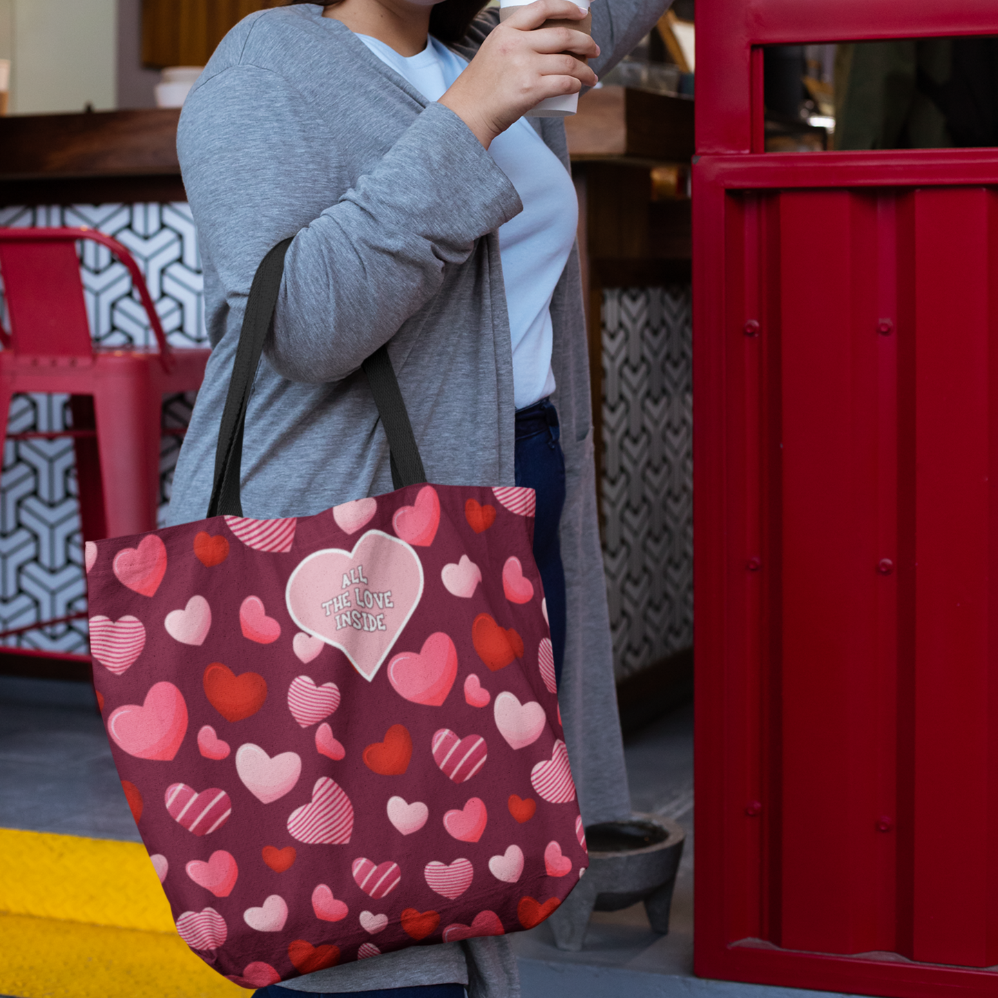 Romantic Valentine's Tote Bag Love Themed Burgundy Bag Pink and Red Hearts Gift for Women Reusable All The Love Inside Heart Pattern Tote