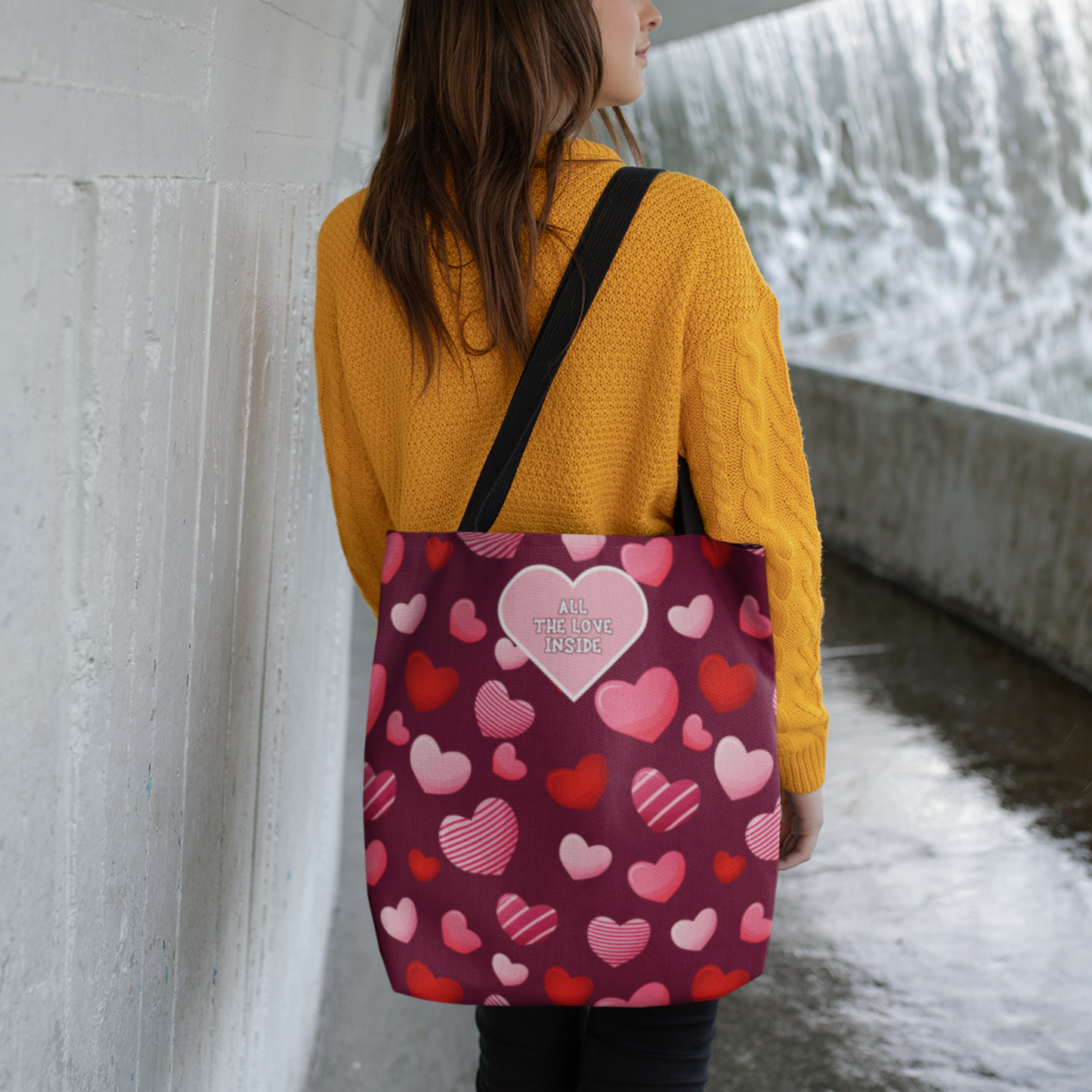 Romantic Valentine's Tote Bag Love Themed Burgundy Bag Pink and Red Hearts Gift for Women Reusable All The Love Inside Heart Pattern Tote