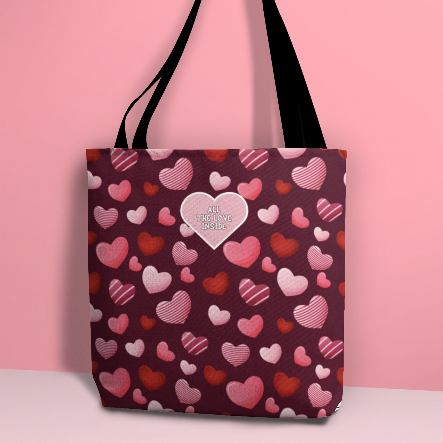 Romantic Valentine's Tote Bag Love Themed Burgundy Bag Pink and Red Hearts Gift for Women Reusable All The Love Inside Heart Pattern Tote