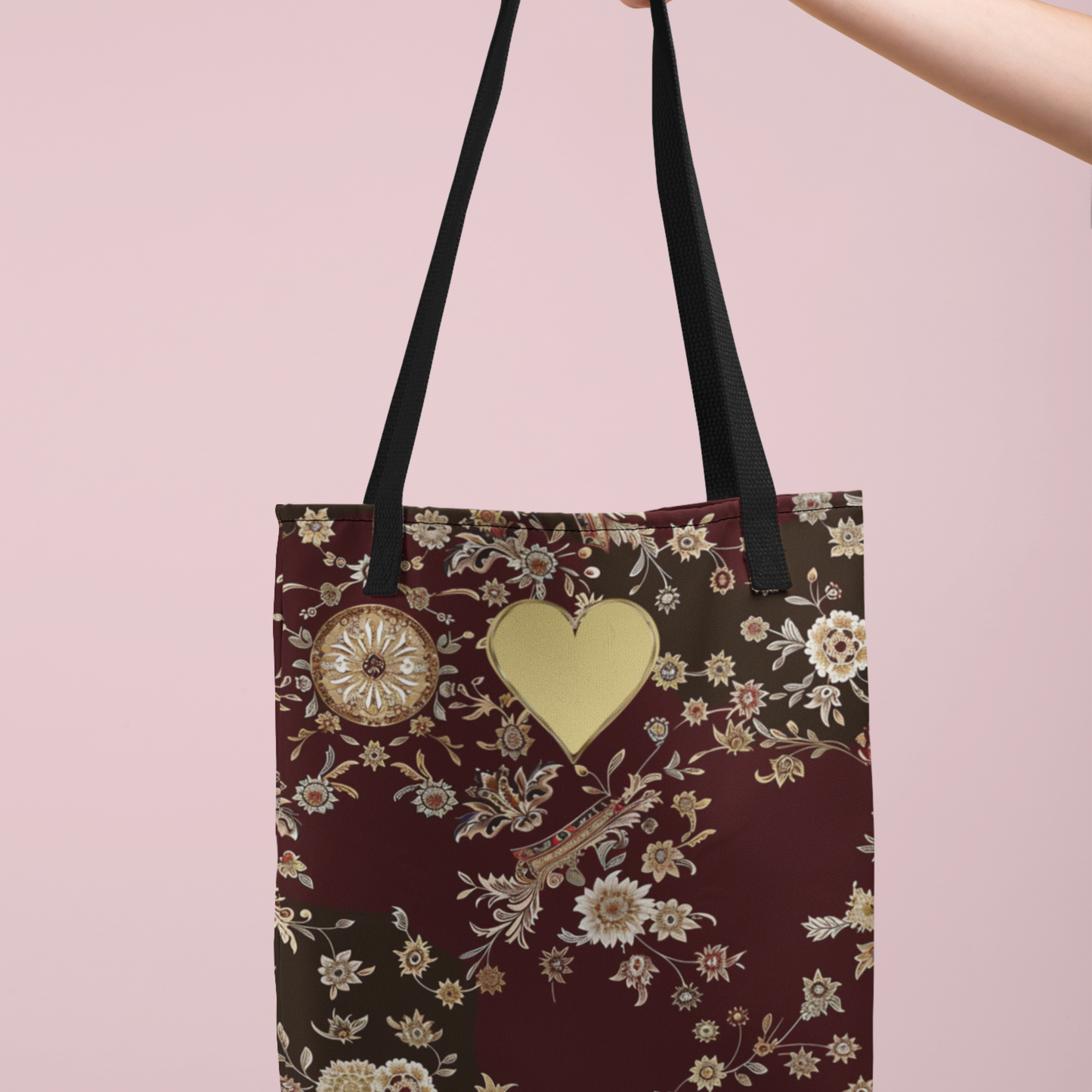 Paisley Romantic Tote For Valentine's Day Work and Office Intricate Floral Tote Bag For Women Gold Heart Embellished Accessory Gift Bag for Her