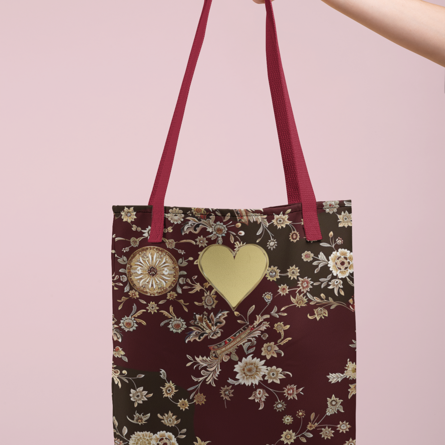Paisley Romantic Tote For Valentine's Day Work and Office Intricate Floral Tote Bag For Women Gold Heart Embellished Accessory Gift Bag for Her