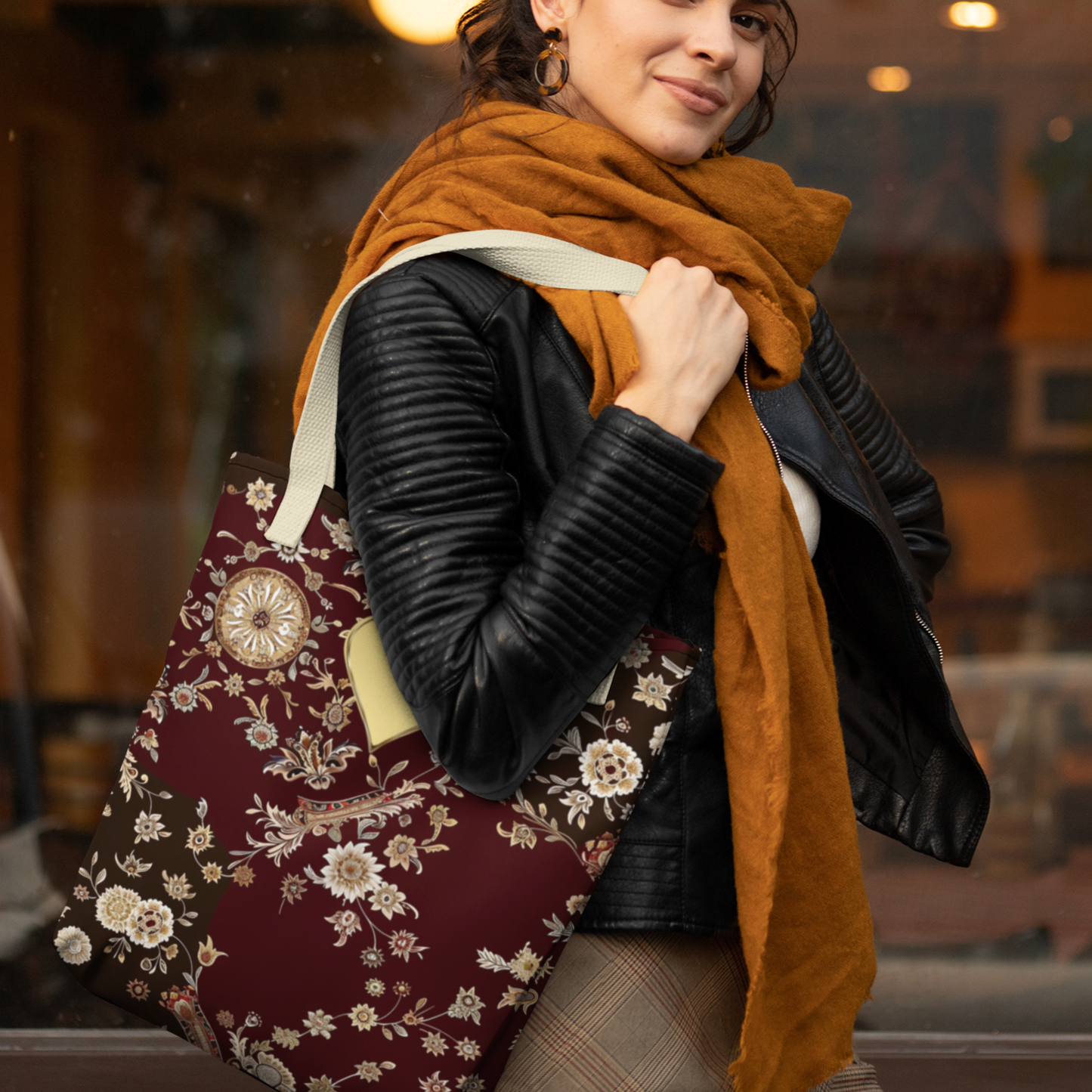 Paisley Romantic Tote For Valentine's Day Work and Office Intricate Floral Tote Bag For Women Gold Heart Embellished Accessory Gift Bag for Her