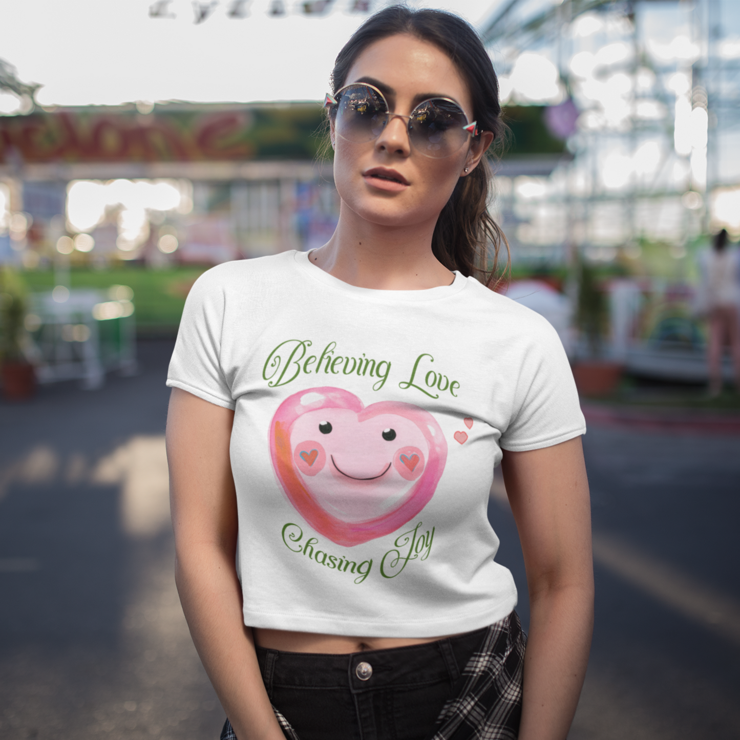 Coquette-Inspired Valentine's Crop Tee Pink and Green Aesthetic Cute Heart-Themed Believing Love Shirt Gift For Her V-Day Fashion