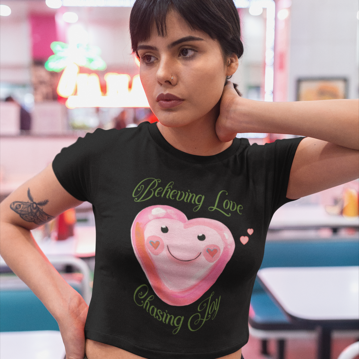 Coquette-Inspired Valentine's Crop Tee Pink and Green Aesthetic Cute Heart-Themed Believing Love Shirt Gift For Her V-Day Fashion
