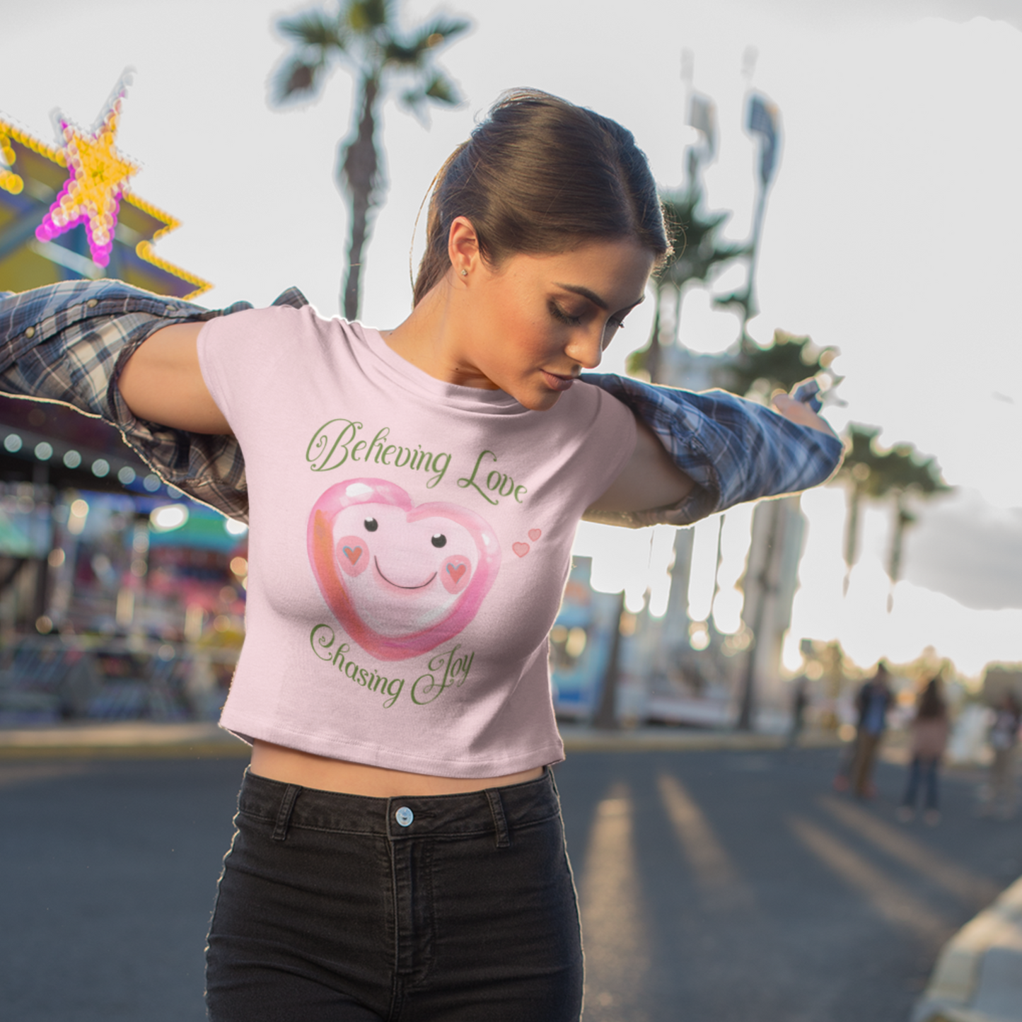 Coquette-Inspired Valentine's Crop Tee Pink and Green Aesthetic Cute Heart-Themed Believing Love Shirt Gift For Her V-Day Fashion