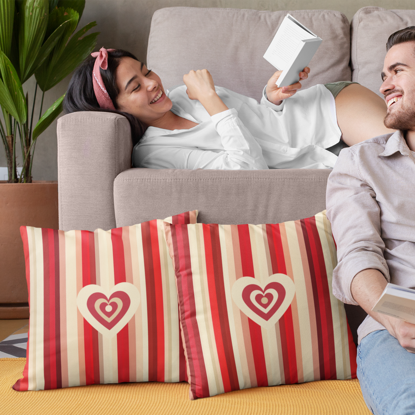 Double-Sided Heart Motif Valentine Cushion Modern Home Decor Red and Beige Striped Love Them Pillow For V-Day Gift Romantic Home Decor