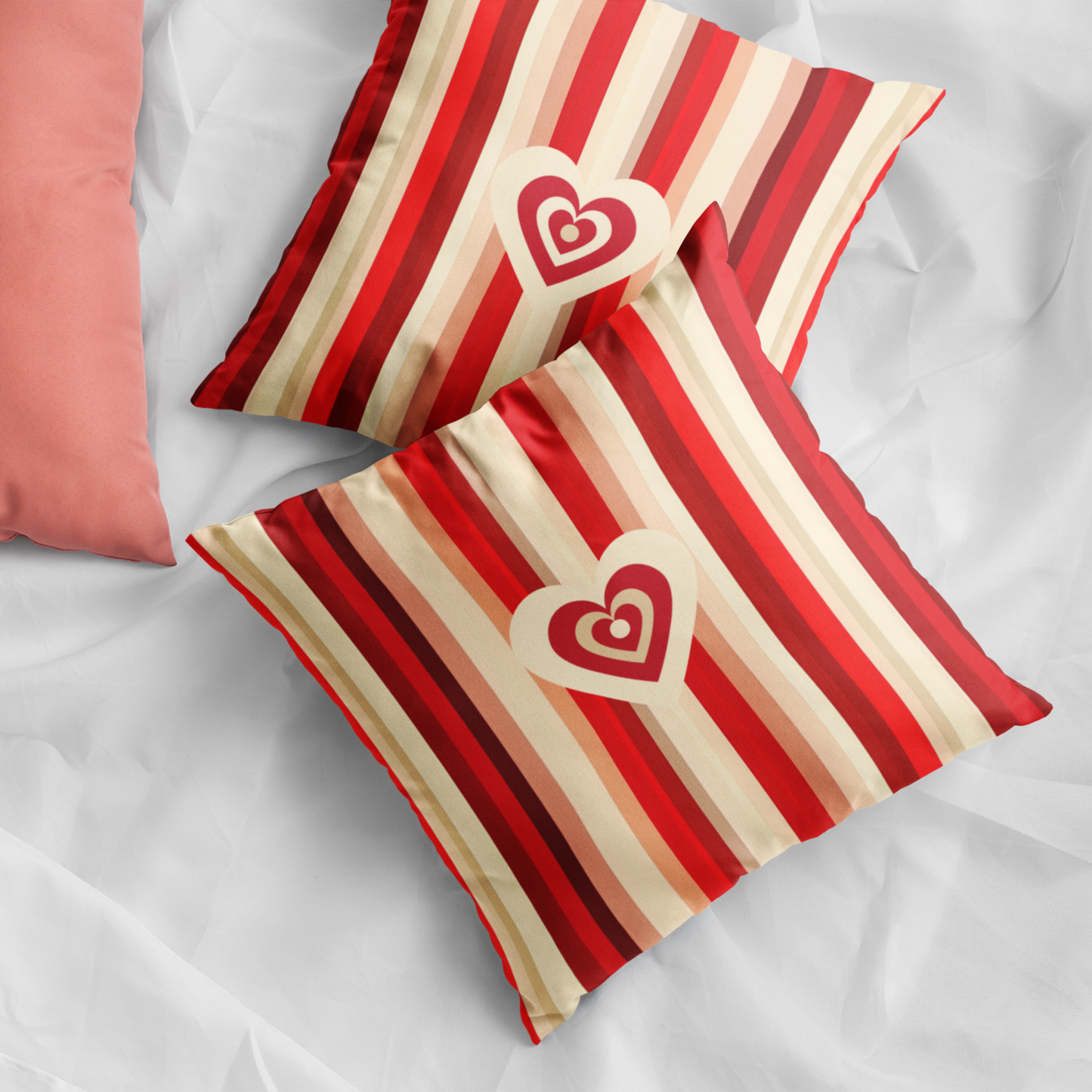 Double-Sided Heart Motif Valentine Cushion Modern Home Decor Red and Beige Striped Love Them Pillow For V-Day Gift Romantic Home Decor