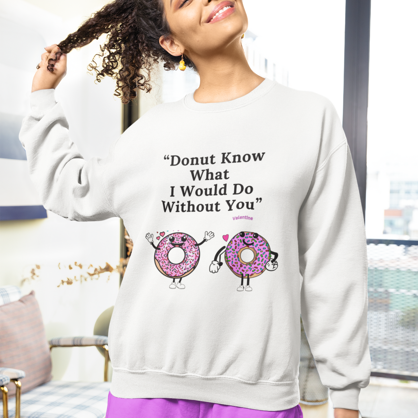 Playful Donut Character Design Valentine Winter Wear Sweatshirt Eco-Friendly V-Day Clothing Funny Couple-Themed Valentine Outfit Sustainable Cotton
