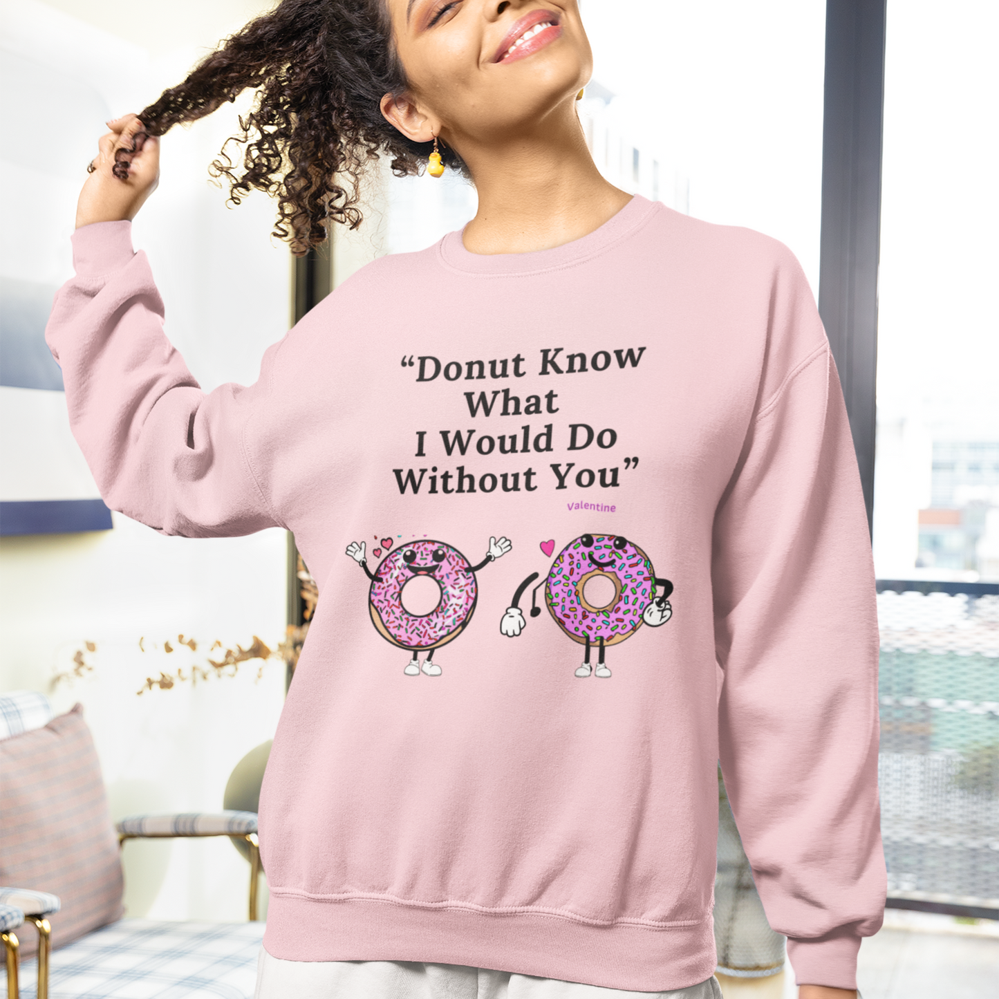 Playful Donut Character Design Valentine Winter Wear Sweatshirt Eco-Friendly V-Day Clothing Funny Couple-Themed Valentine Outfit Sustainable Cotton