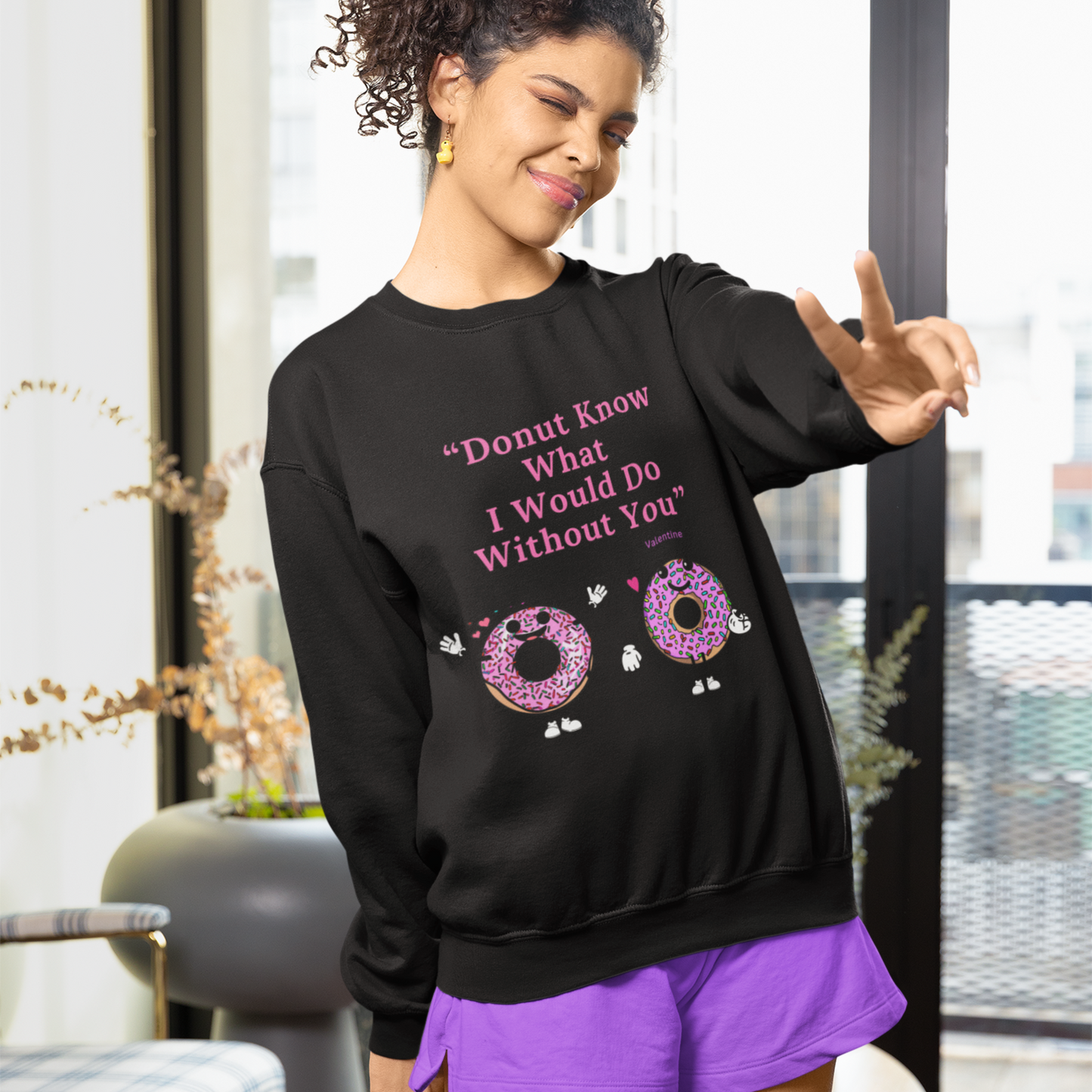 Playful Donut Character Design Valentine Winter Wear Sweatshirt Eco-Friendly V-Day Clothing Funny Couple-Themed Valentine Outfit Sustainable Cotton