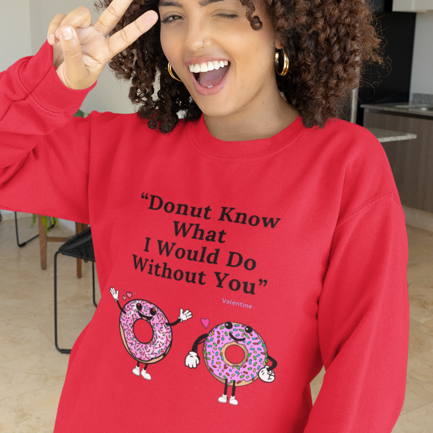 Playful Donut Character Design Valentine Winter Wear Sweatshirt Eco-Friendly V-Day Clothing Funny Couple-Themed Valentine Outfit Sustainable Cotton