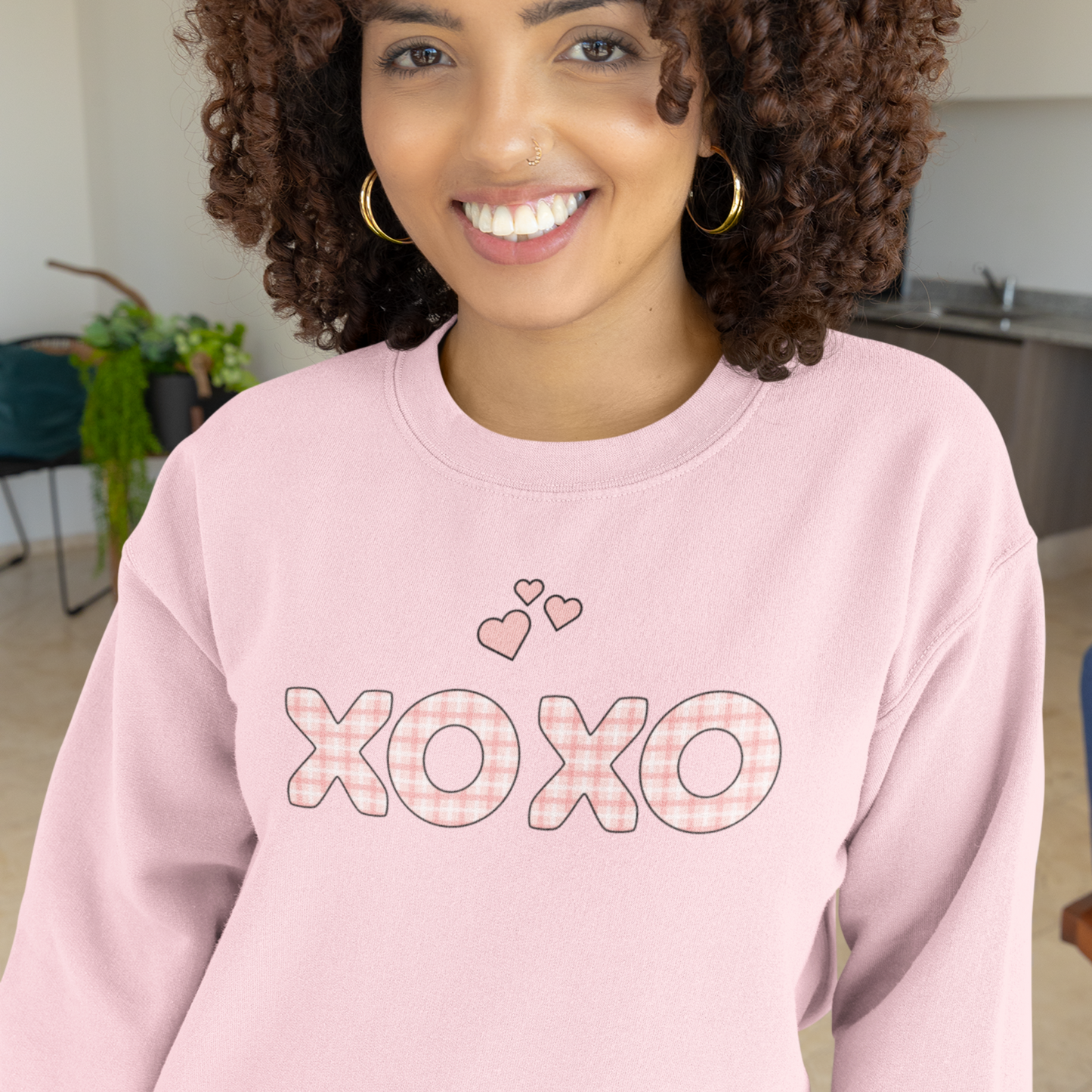 Cute Heart Sweatshirt For Couples Ethically-Made Sustainable Cotton Valentine Crewneck XOXO Plaid Romantic Shirt Thoughtful Gift Idea