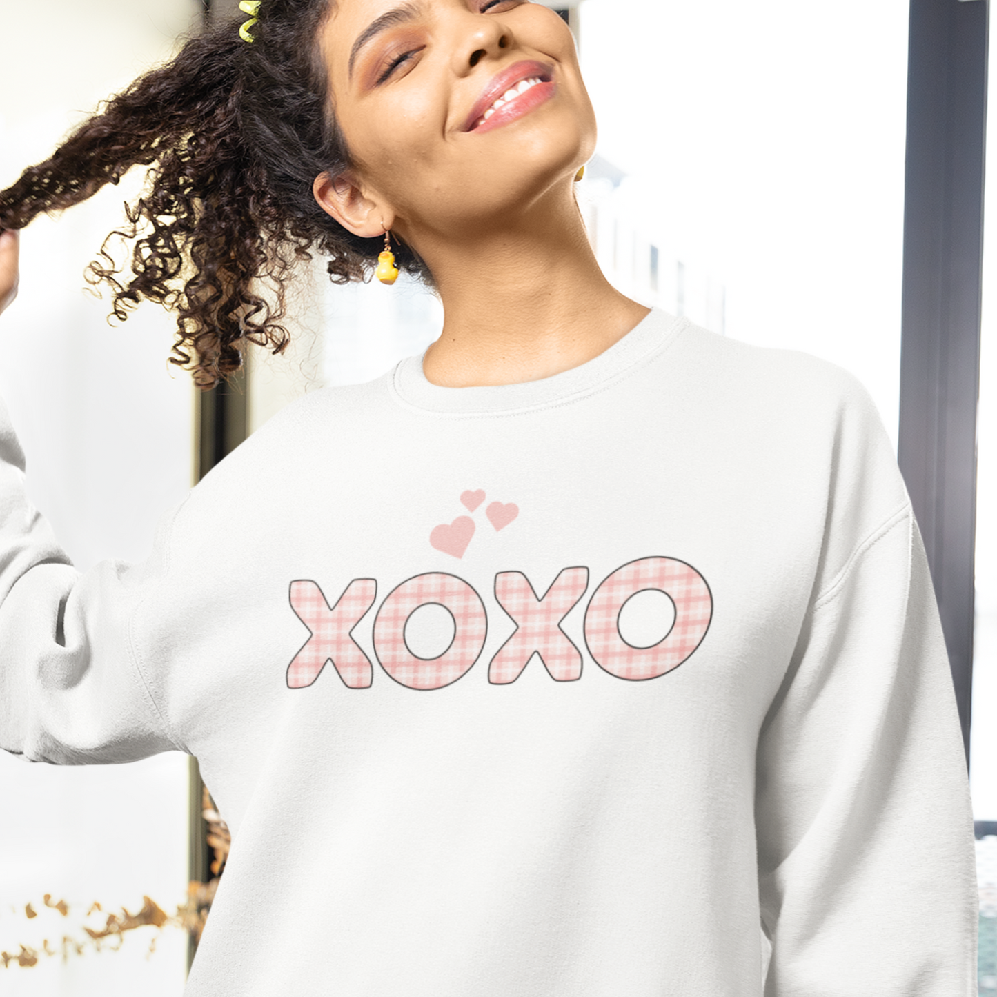 Cute Heart Sweatshirt For Couples Ethically-Made Sustainable Cotton Valentine Crewneck XOXO Plaid Romantic Shirt Thoughtful Gift Idea