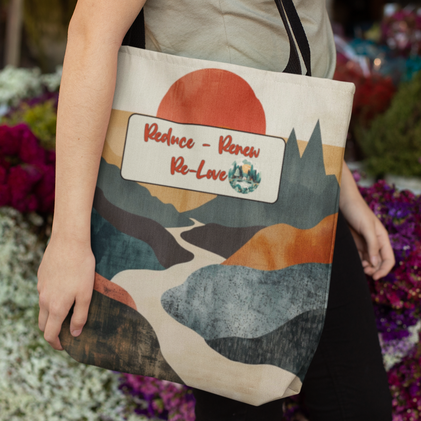 Earth Day Retro Landscape Design Peaceful Reduce Renew Re-love Nature-Inspired Tote Sustainable Lifestyle Planet Positive Gift For Her