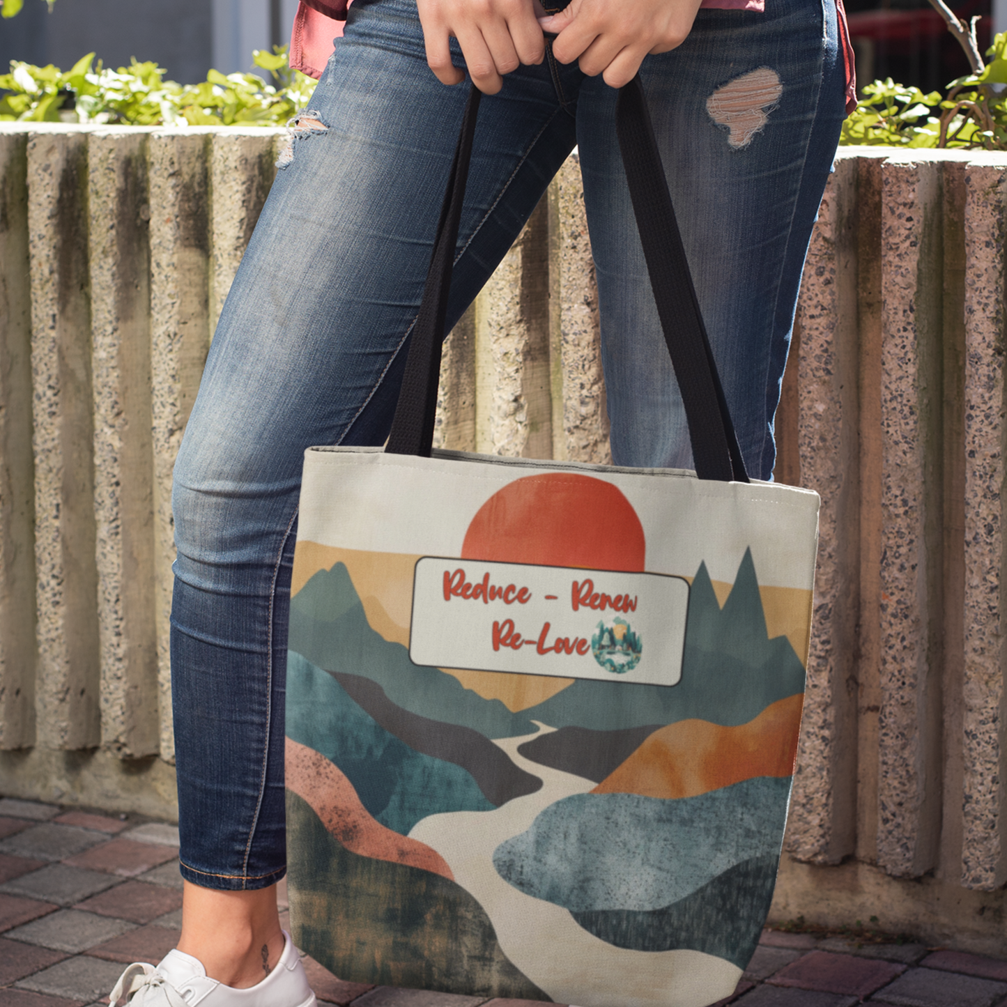 Earth Day Retro Landscape Design Peaceful Reduce Renew Re-love Nature-Inspired Tote Sustainable Lifestyle Planet Positive Gift For Her