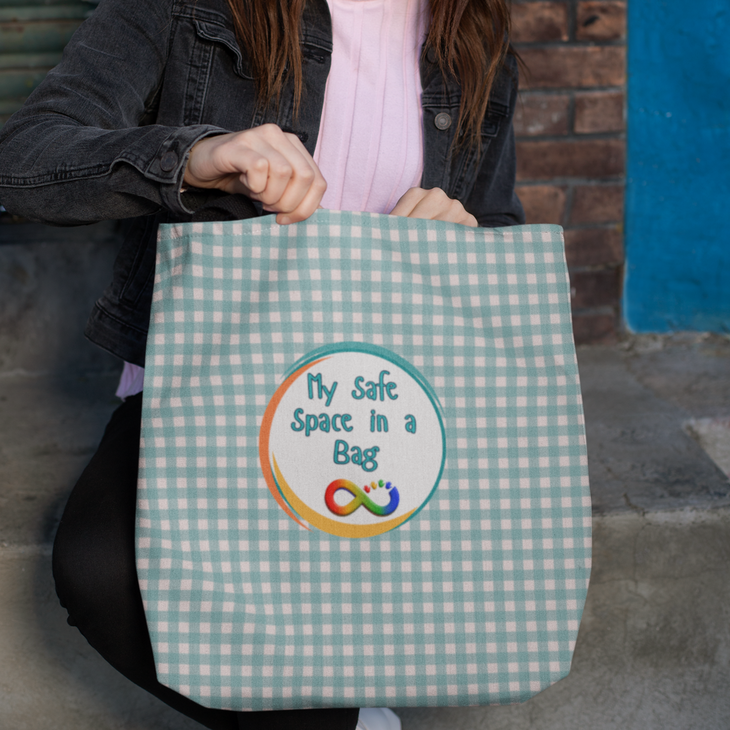Autism Support Tote For Sensory Items Neurodiverse Friendly Design My Safe Space Infinity Symbol Supportive Parent Mint Green Plaid Gift Bag