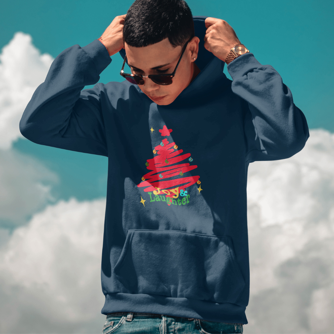 Joy & Laughter Hoodie Holiday Sweatshirt with Brush-Stroke Christmas Tree Design Cozy Winter Pullover Gift