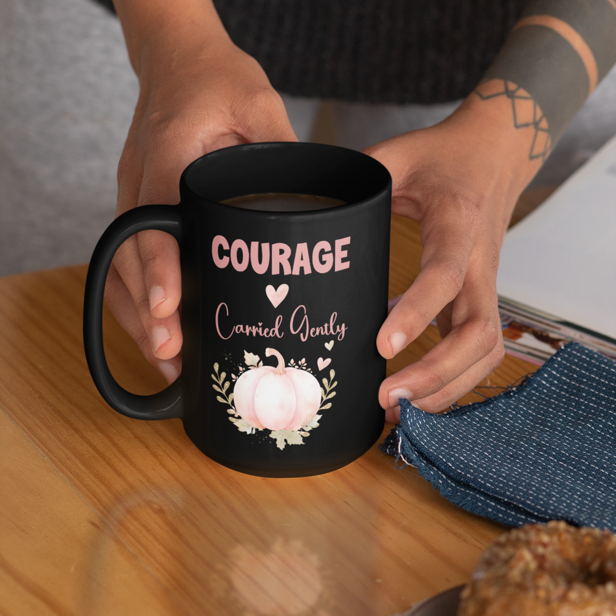 Courage, Carried Gently Midnight Black Pumpkin Mug