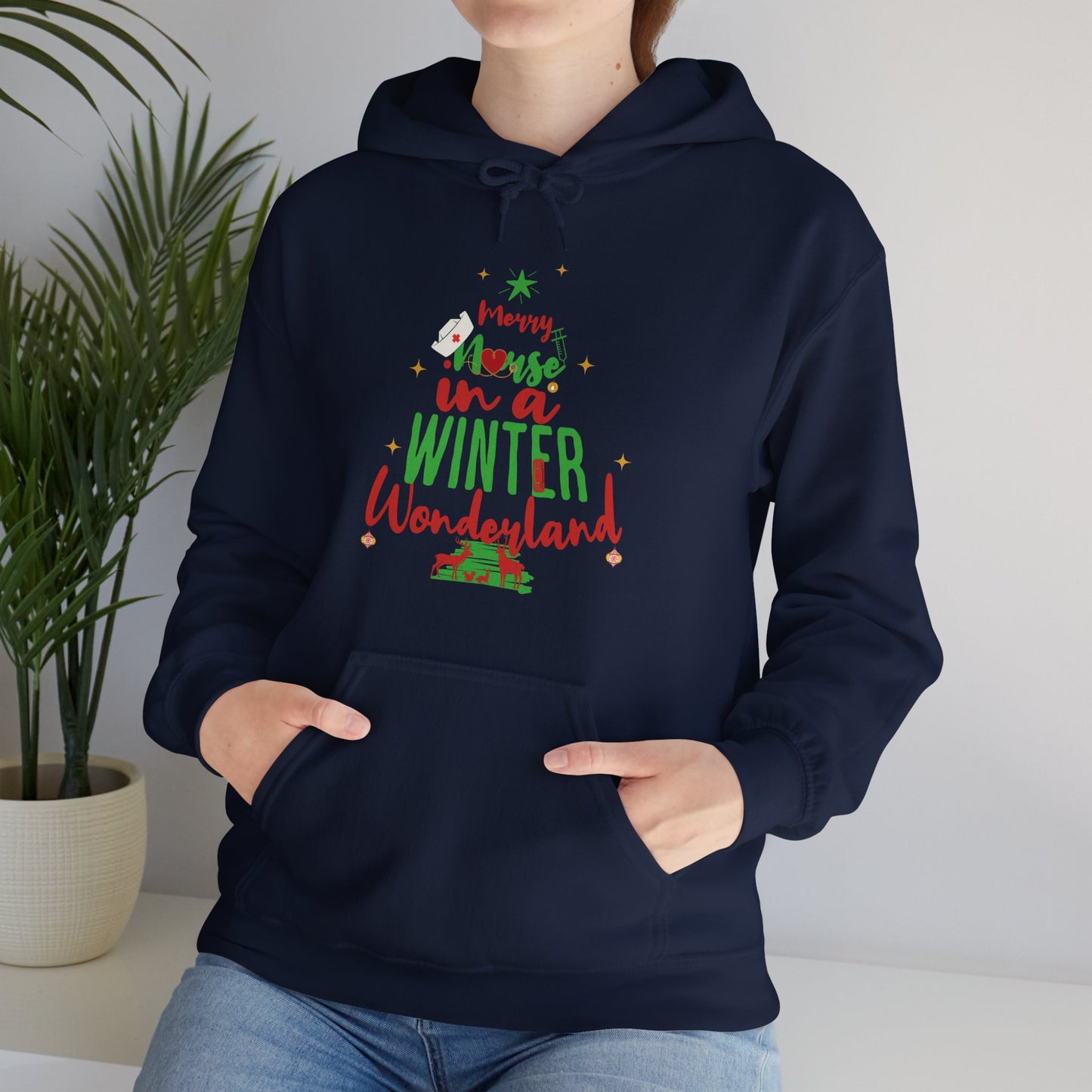 Christmas Design Hooded Nurse Sweatshirt Playful Christmas Graphic Healthcare Worker Seasonal Holiday Gift Winter Wonderland Hoodie
