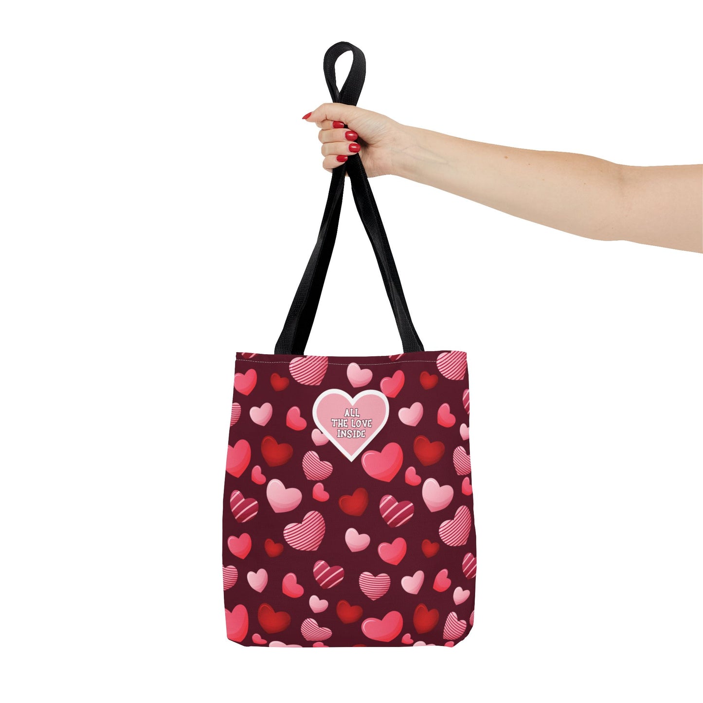 Romantic Valentine's Tote Bag Love Themed Burgundy Bag Pink and Red Hearts Gift for Women Reusable All The Love Inside Heart Pattern Tote