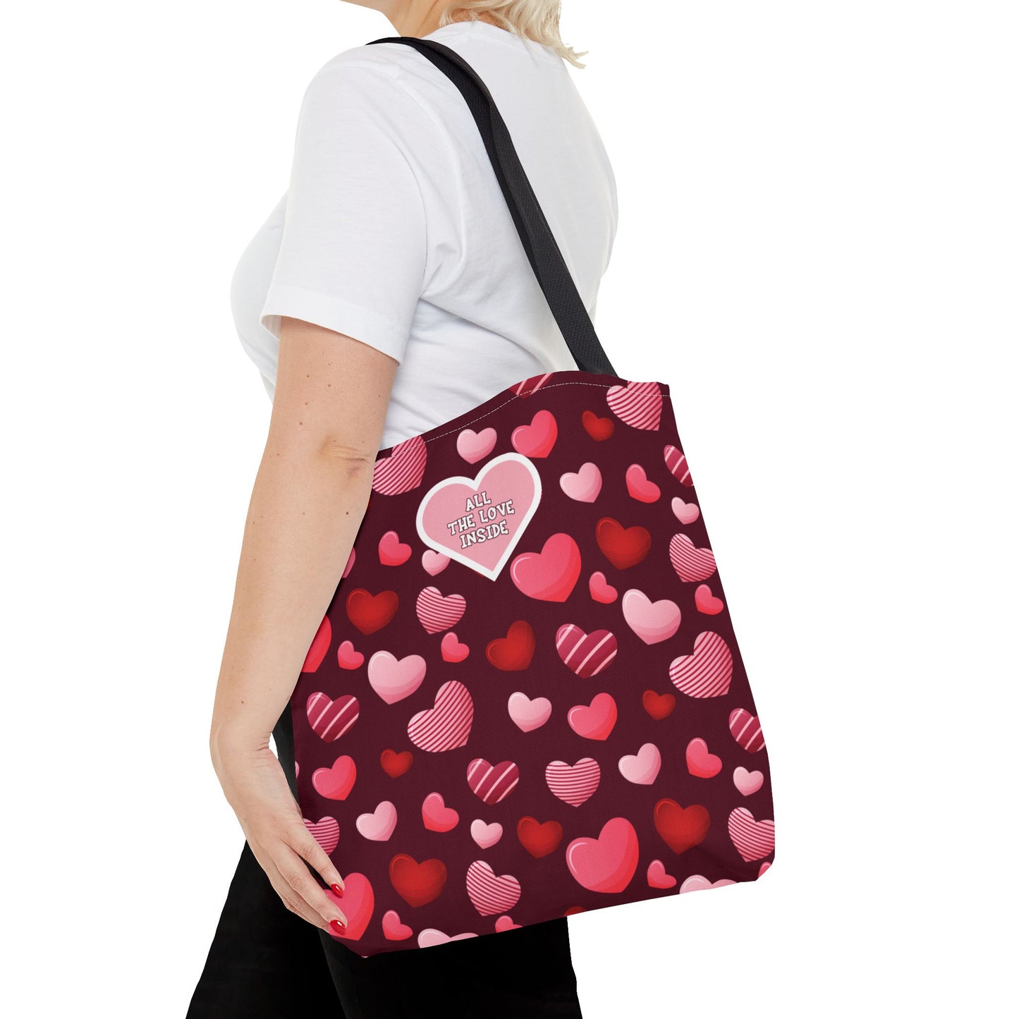 Romantic Valentine's Tote Bag Love Themed Burgundy Bag Pink and Red Hearts Gift for Women Reusable All The Love Inside Heart Pattern Tote