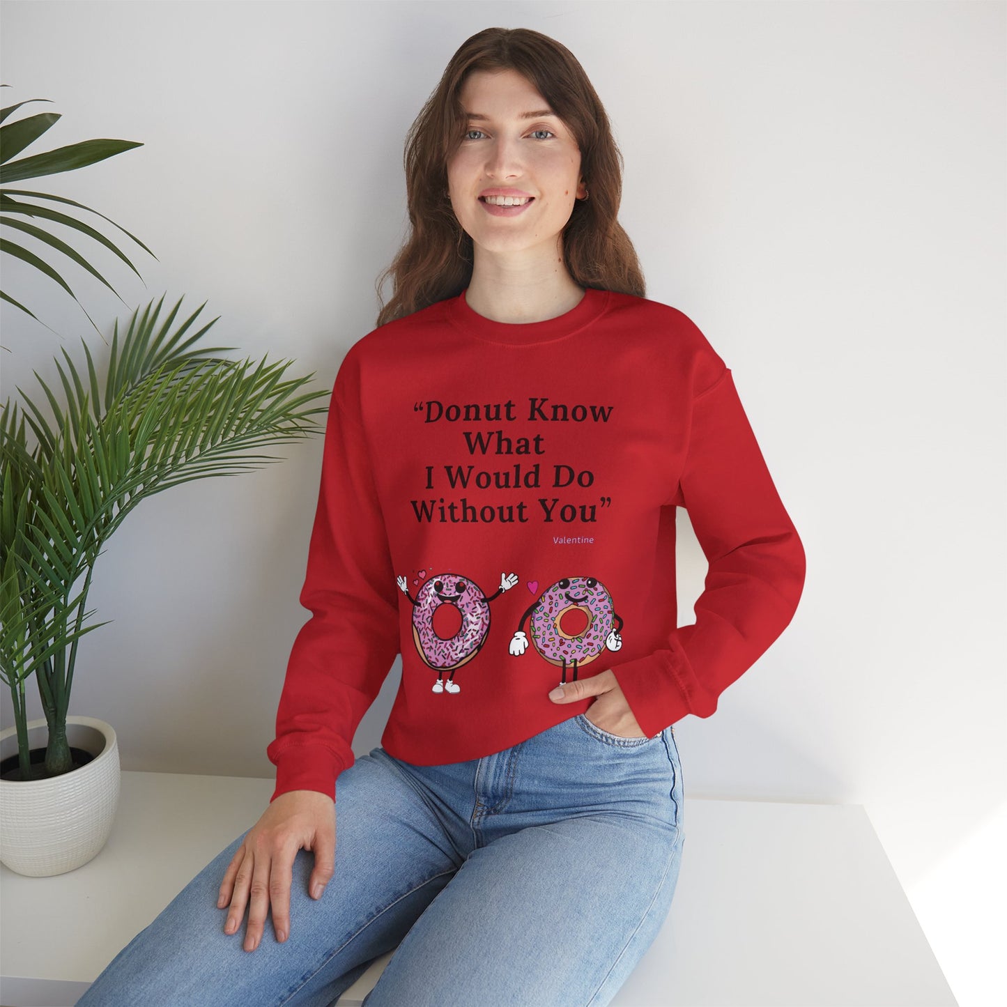 Playful Donut Character Design Valentine Winter Wear Sweatshirt Eco-Friendly V-Day Clothing Funny Couple-Themed Valentine Outfit Sustainable Cotton