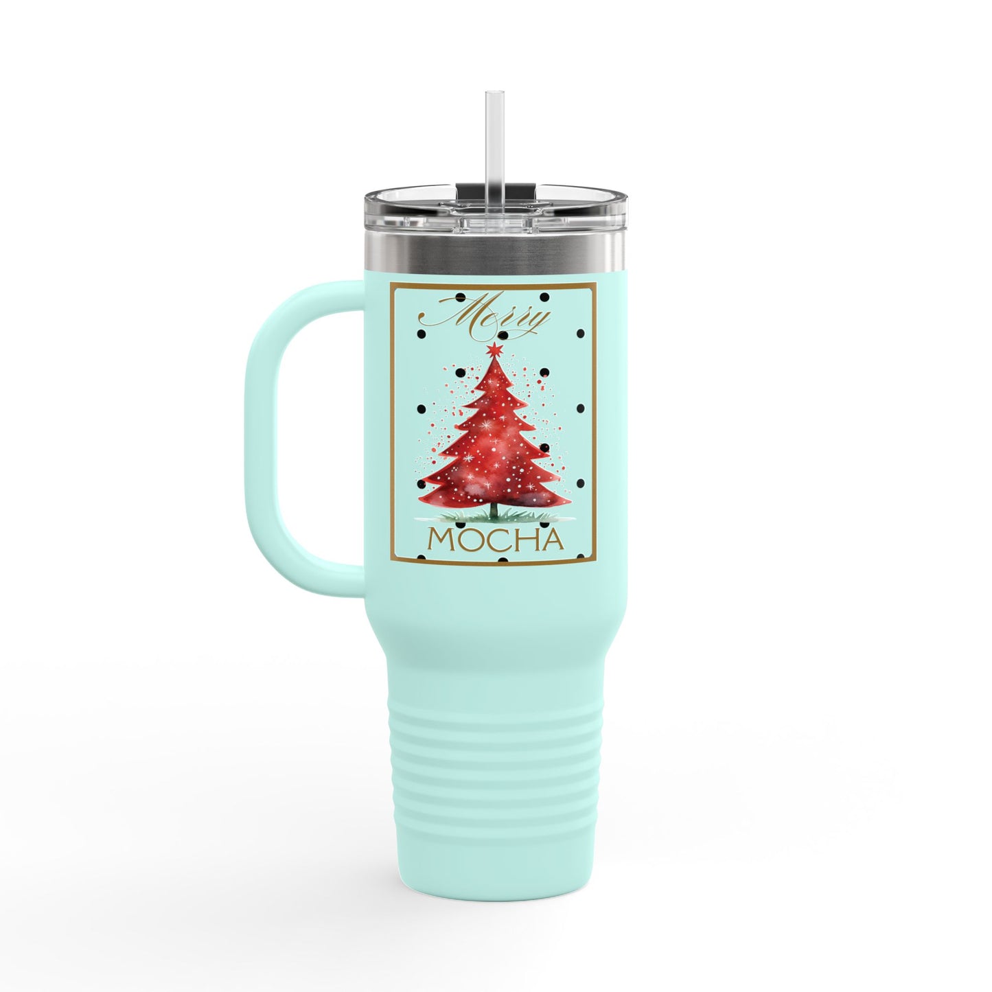 Christmas 40oz Insulated Travel Mug With Handle Double Wall Holiday Hot and Cold Teal Mug Coffee Lover Unique Red Tree Gift