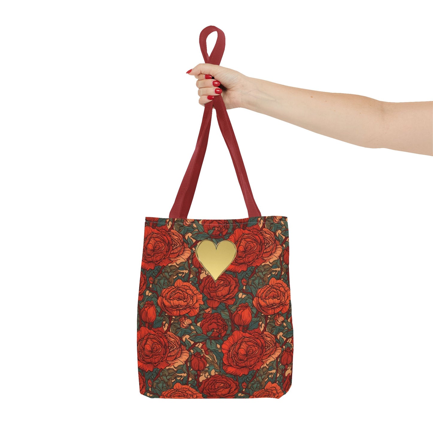 Chic Romantic Tote For Valentine's Day Roses and Hearts Bag Love Themed Gift For Women Gold Heart Embellished Durable Floral Tote Bag
