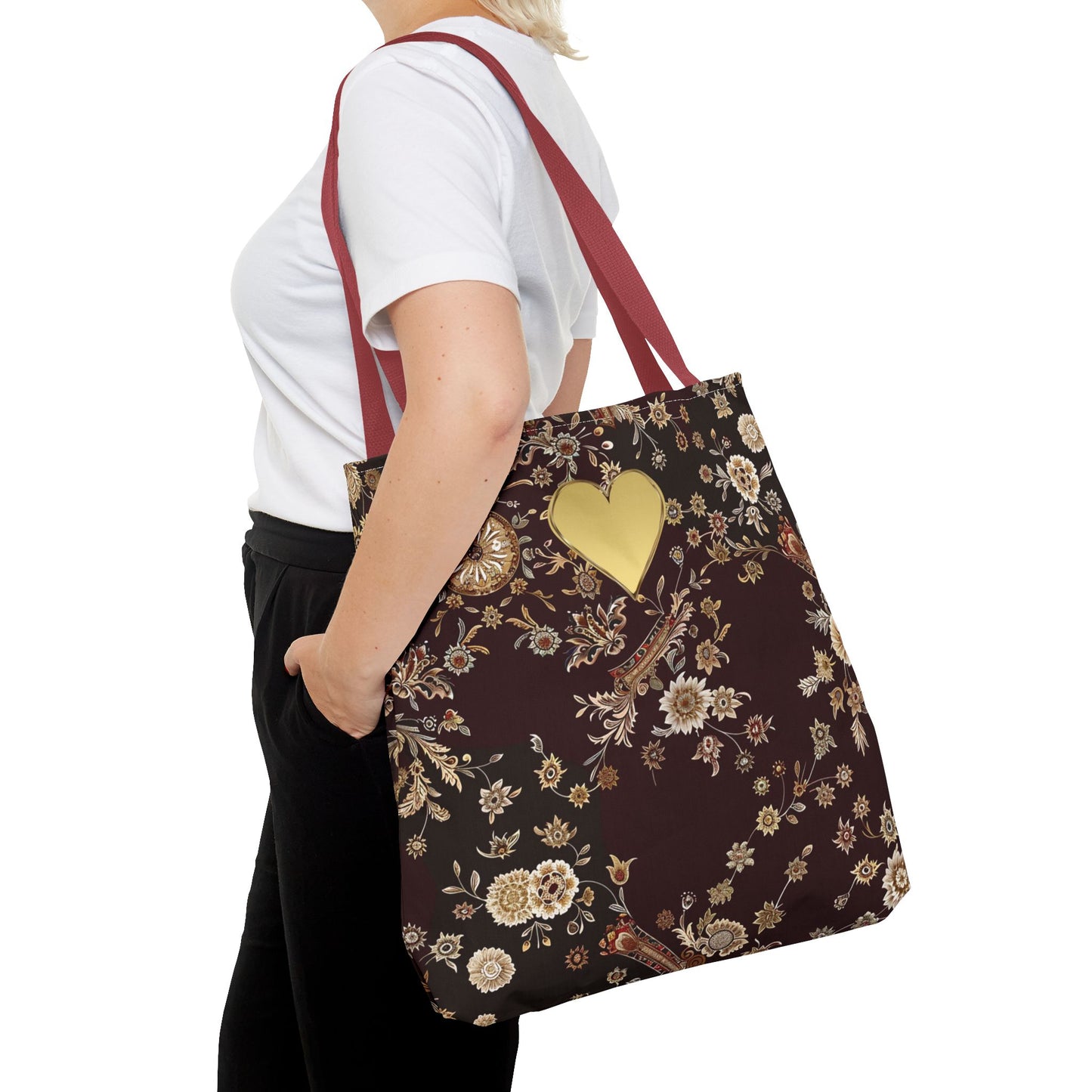 Paisley Romantic Tote For Valentine's Day Work and Office Intricate Floral Tote Bag For Women Gold Heart Embellished Accessory Gift Bag for Her