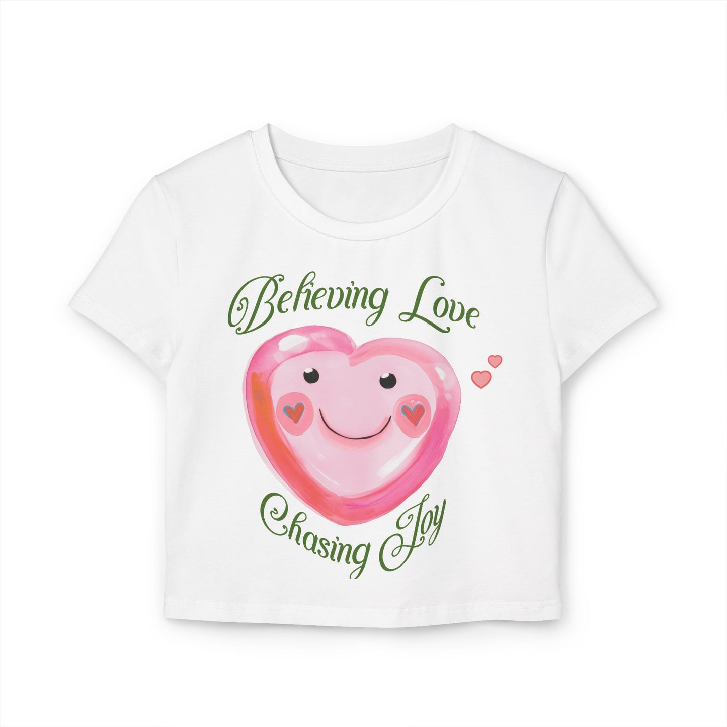 Coquette-Inspired Valentine's Crop Tee Pink and Green Aesthetic Cute Heart-Themed Believing Love Shirt Gift For Her V-Day Fashion