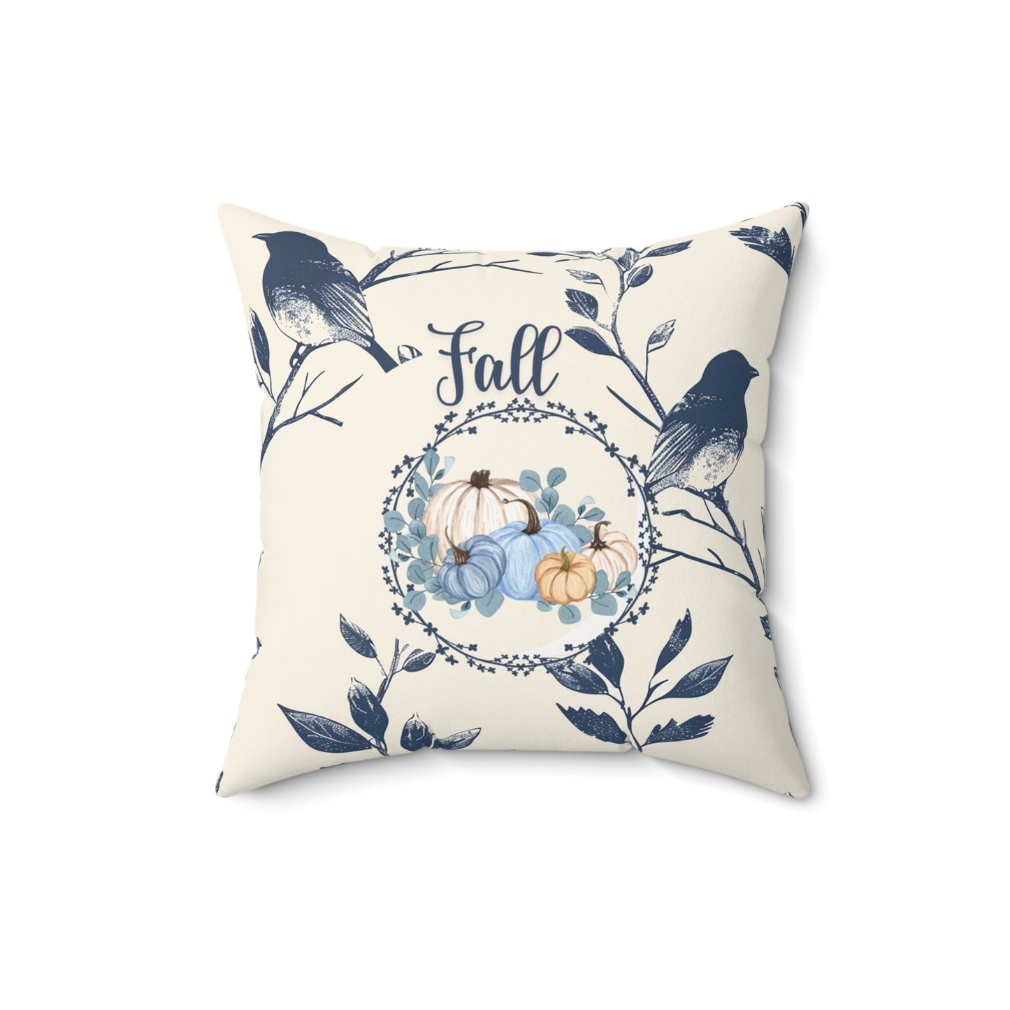 Seasonal Fall Home Decor Pillow Beige and Blue Autumn Floral Accent Pumpkin Themed Double-Sided Throw Cushion Gift For Her
