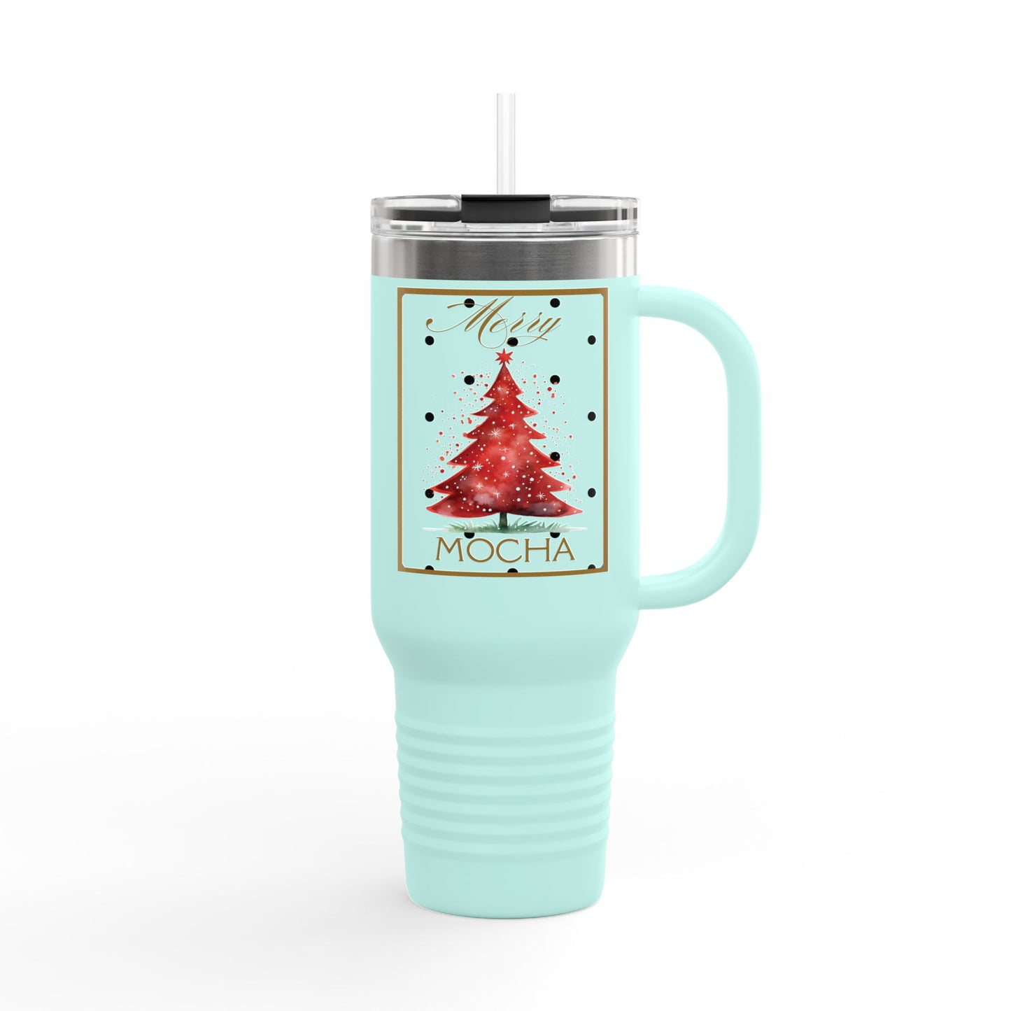 Christmas 40oz Insulated Travel Mug With Handle Double Wall Holiday Hot and Cold Teal Mug Coffee Lover Unique Red Tree Gift