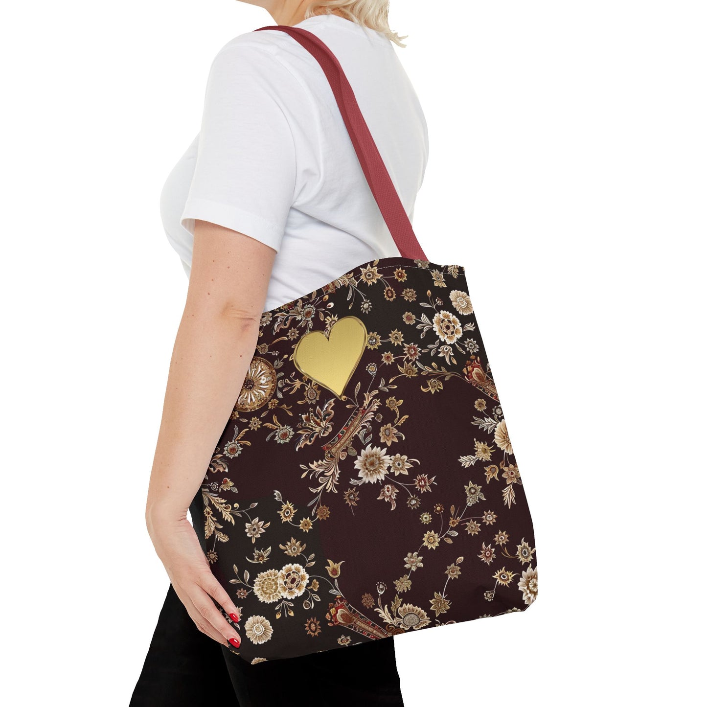 Paisley Romantic Tote For Valentine's Day Work and Office Intricate Floral Tote Bag For Women Gold Heart Embellished Accessory Gift Bag for Her