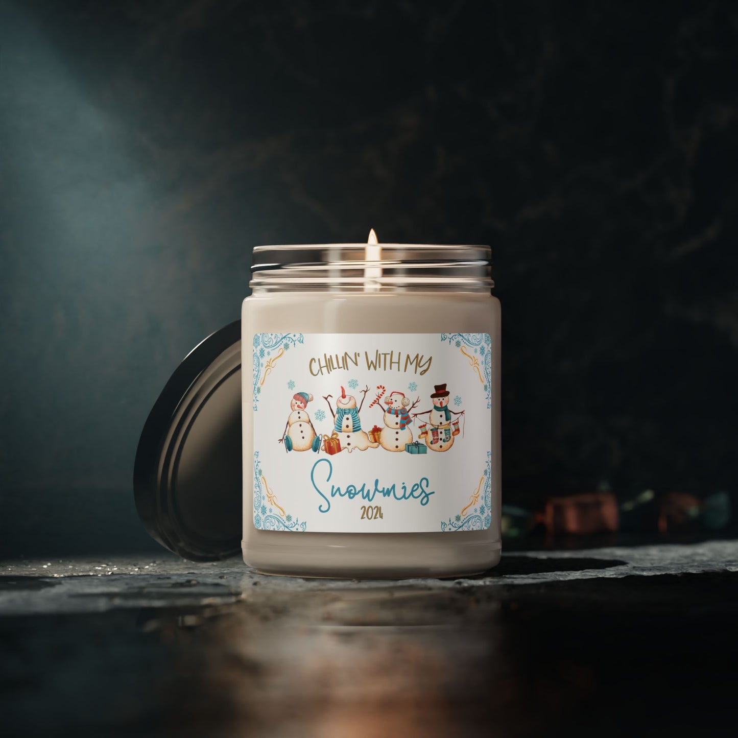 Christmas Blue and Gold Candle Gift For Snowman Lovers Cozy Host Elegant Seasonal Aromatic Snowmies Candle Gift