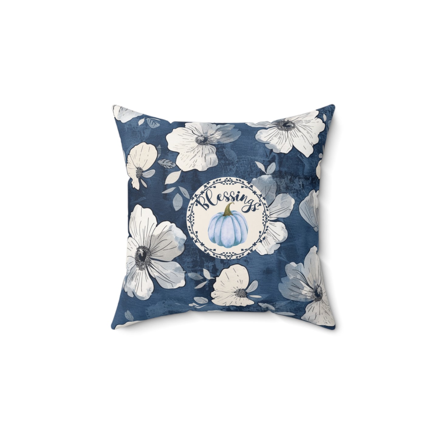 Thanksgiving Home Decor Blue and White Fall Floral Pillow Seasonal Pumpkin Design Autumn Home Accent Gift for Her Throw Cushion