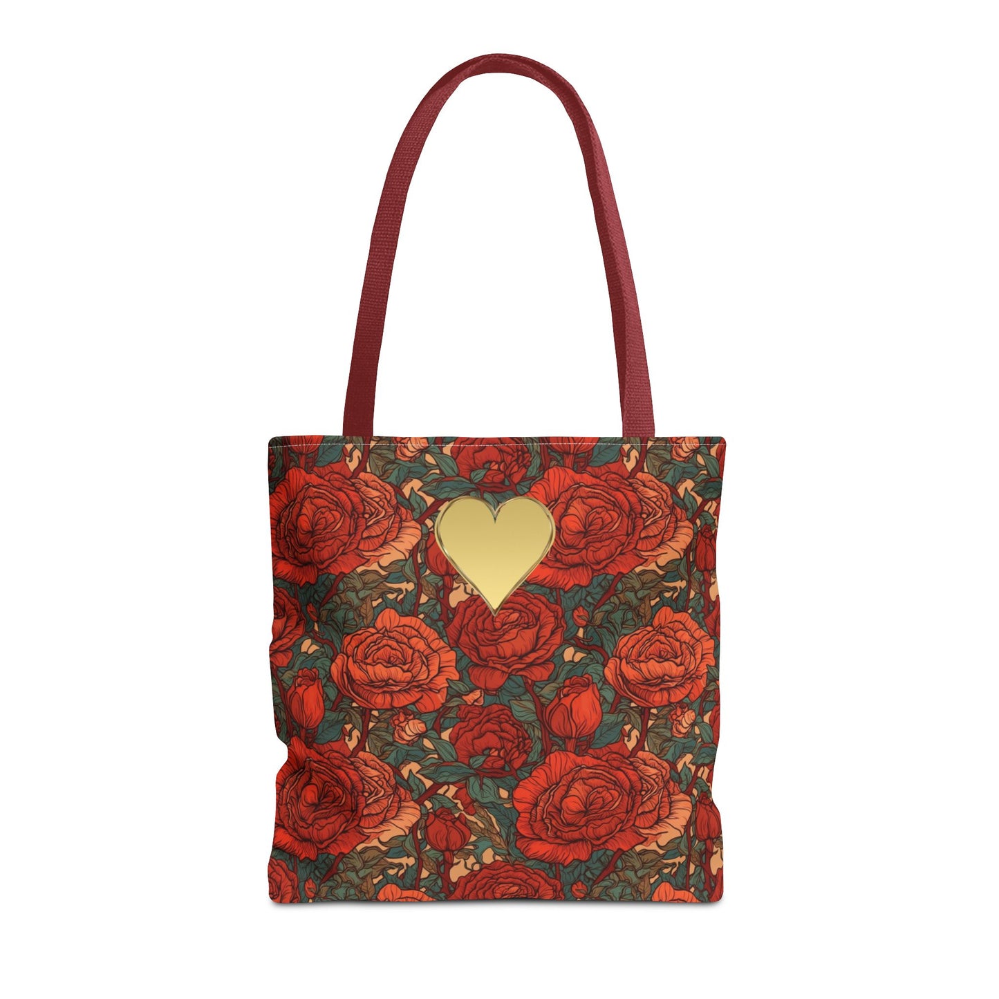 Chic Romantic Tote For Valentine's Day Roses and Hearts Bag Love Themed Gift For Women Gold Heart Embellished Durable Floral Tote Bag