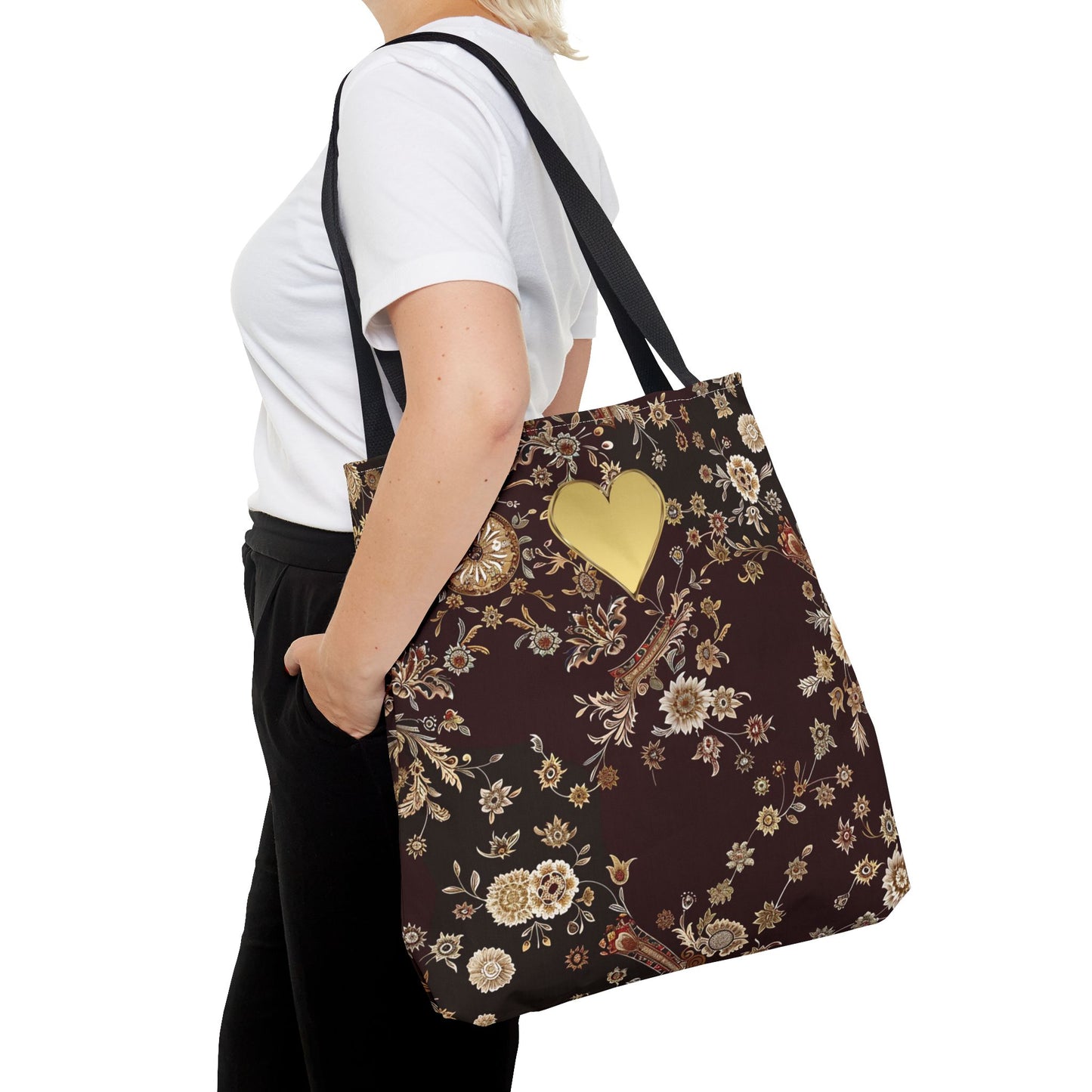 Paisley Romantic Tote For Valentine's Day Work and Office Intricate Floral Tote Bag For Women Gold Heart Embellished Accessory Gift Bag for Her