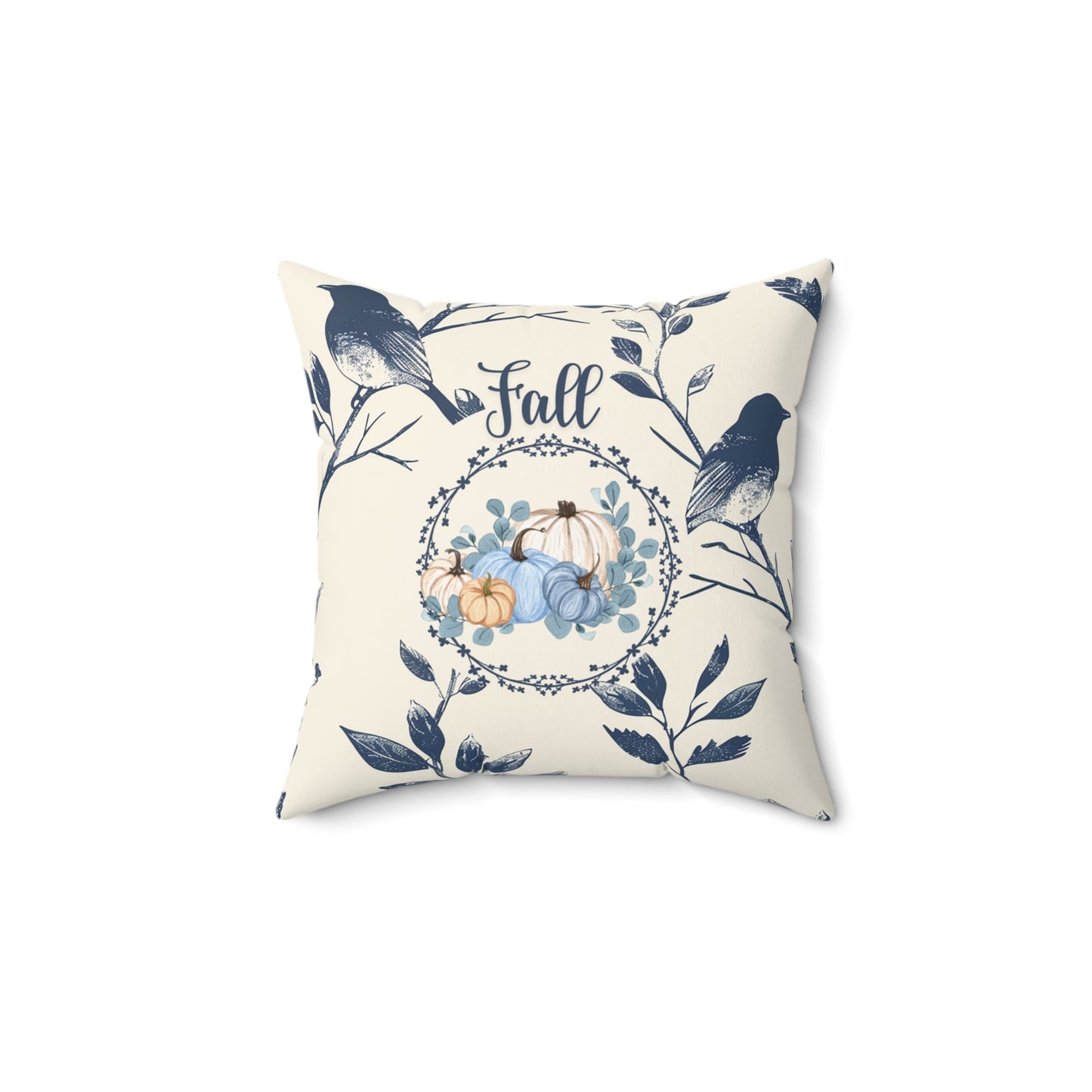 Seasonal Fall Home Decor Pillow Beige and Blue Autumn Floral Accent Pumpkin Themed Double-Sided Throw Cushion Gift For Her