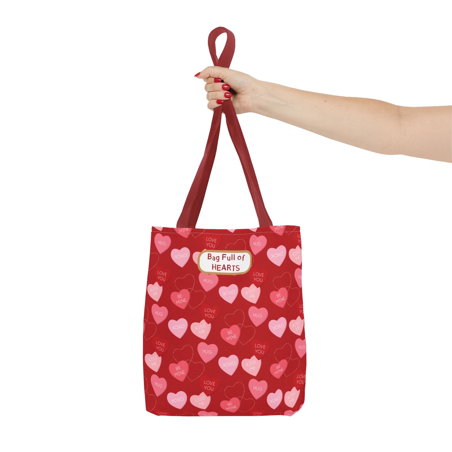 Red Candy Heart Valentine's Tote For Gifting Romantic Reusable Everyday Carry Bag For Women Durable Heart-Filled Shopping Tote Everyday Carryall
