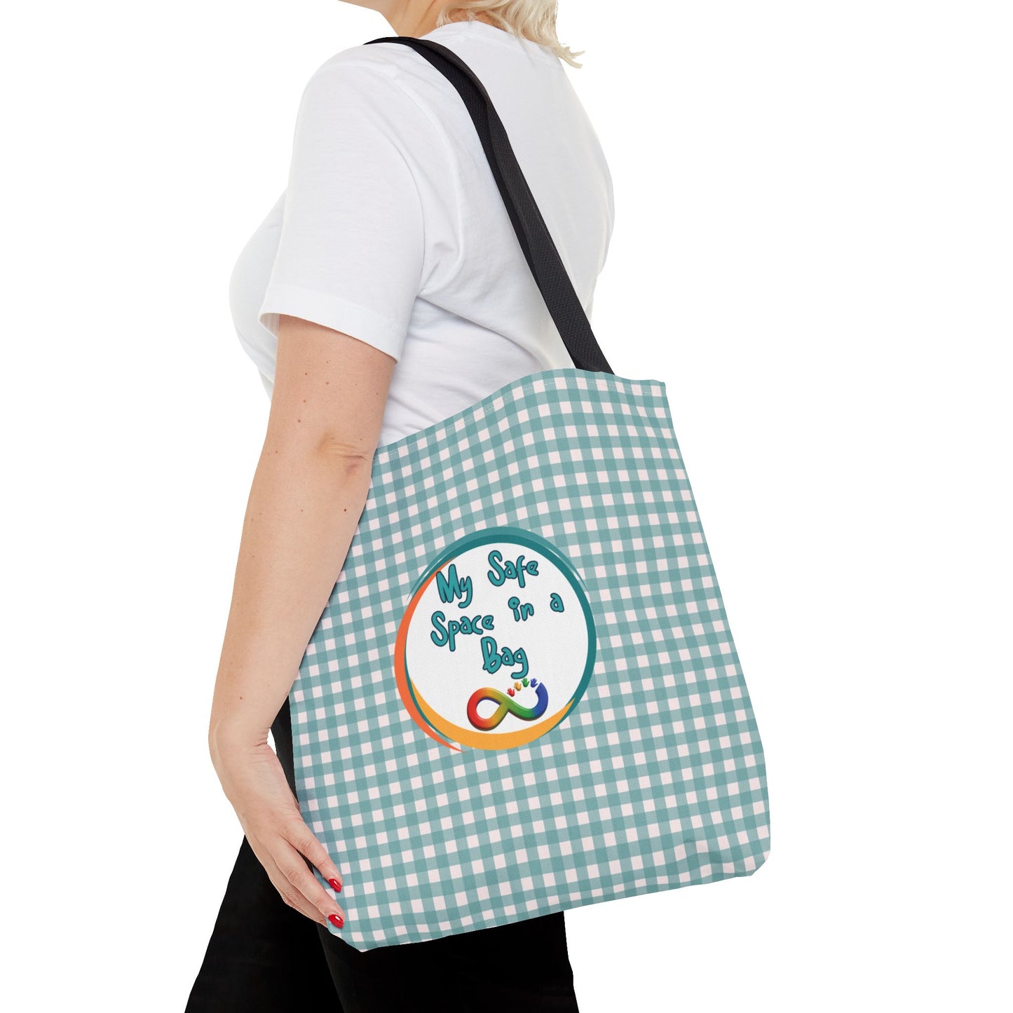 Autism Support Tote For Sensory Items Neurodiverse Friendly Design My Safe Space Infinity Symbol Supportive Parent Mint Green Plaid Gift Bag