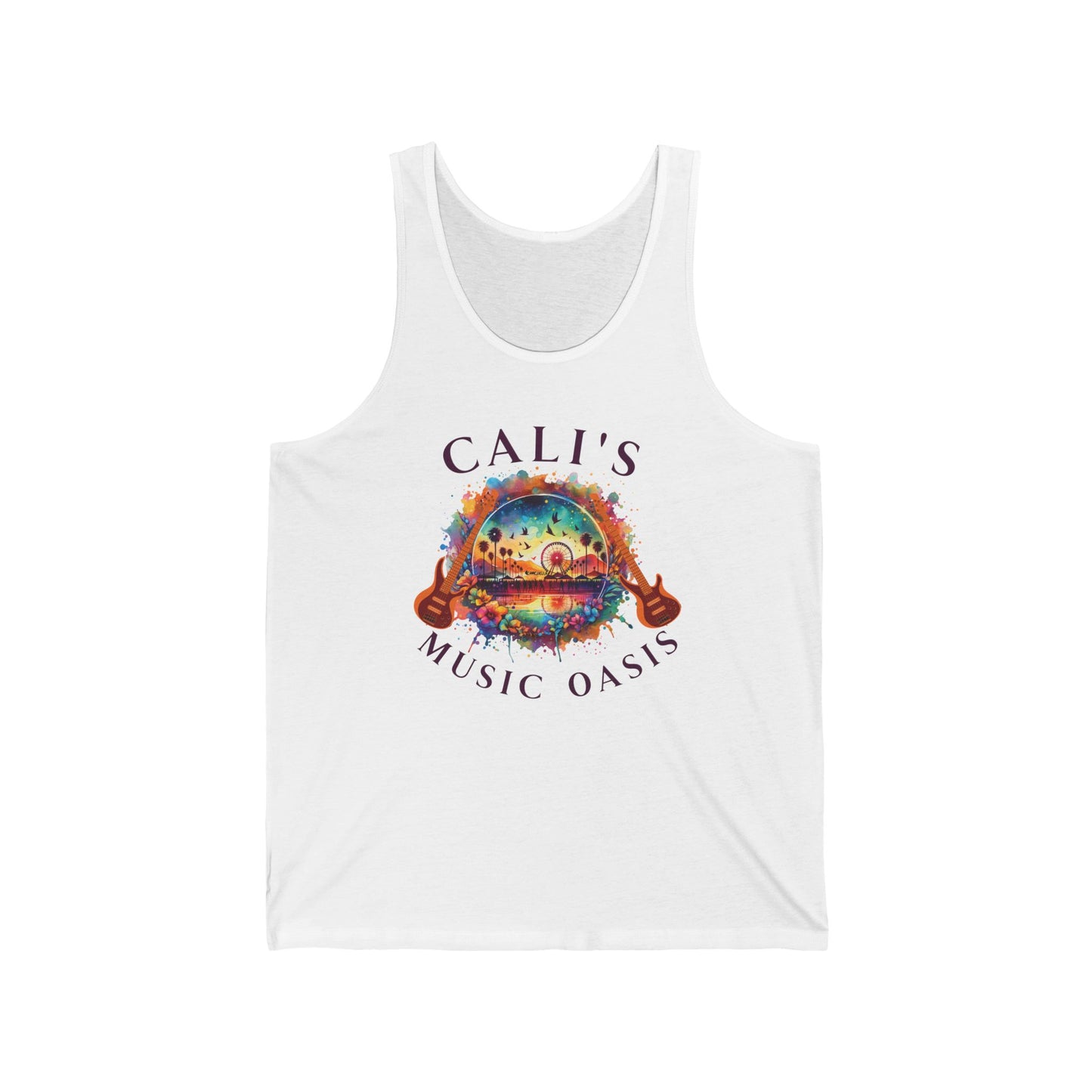 Bohemian Festival Tank Top Cali's Music Oasis Artistic Abstract Guitar Graphic for Music Festivals Desert Style Boho Music Lovers