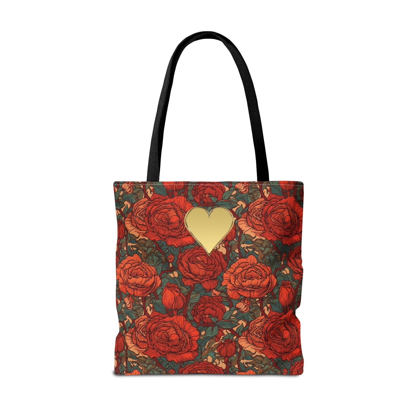Chic Romantic Tote For Valentine's Day Roses and Hearts Bag Love Themed Gift For Women Gold Heart Embellished Durable Floral Tote Bag