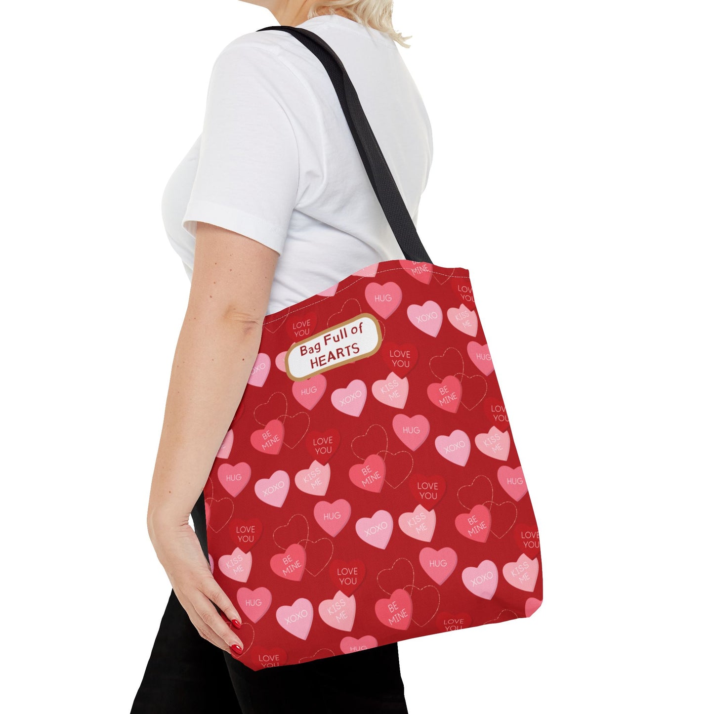 Red Candy Heart Valentine's Tote For Gifting Romantic Reusable Everyday Carry Bag For Women Durable Heart-Filled Shopping Tote Everyday Carryall
