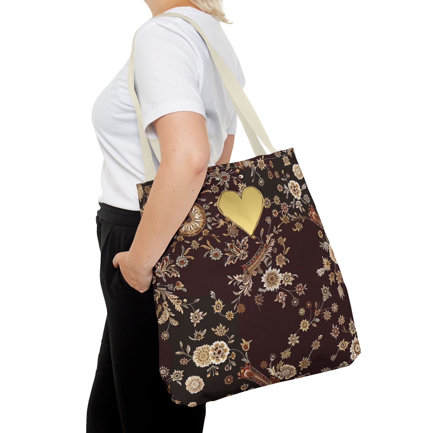 Paisley Romantic Tote For Valentine's Day Work and Office Intricate Floral Tote Bag For Women Gold Heart Embellished Accessory Gift Bag for Her