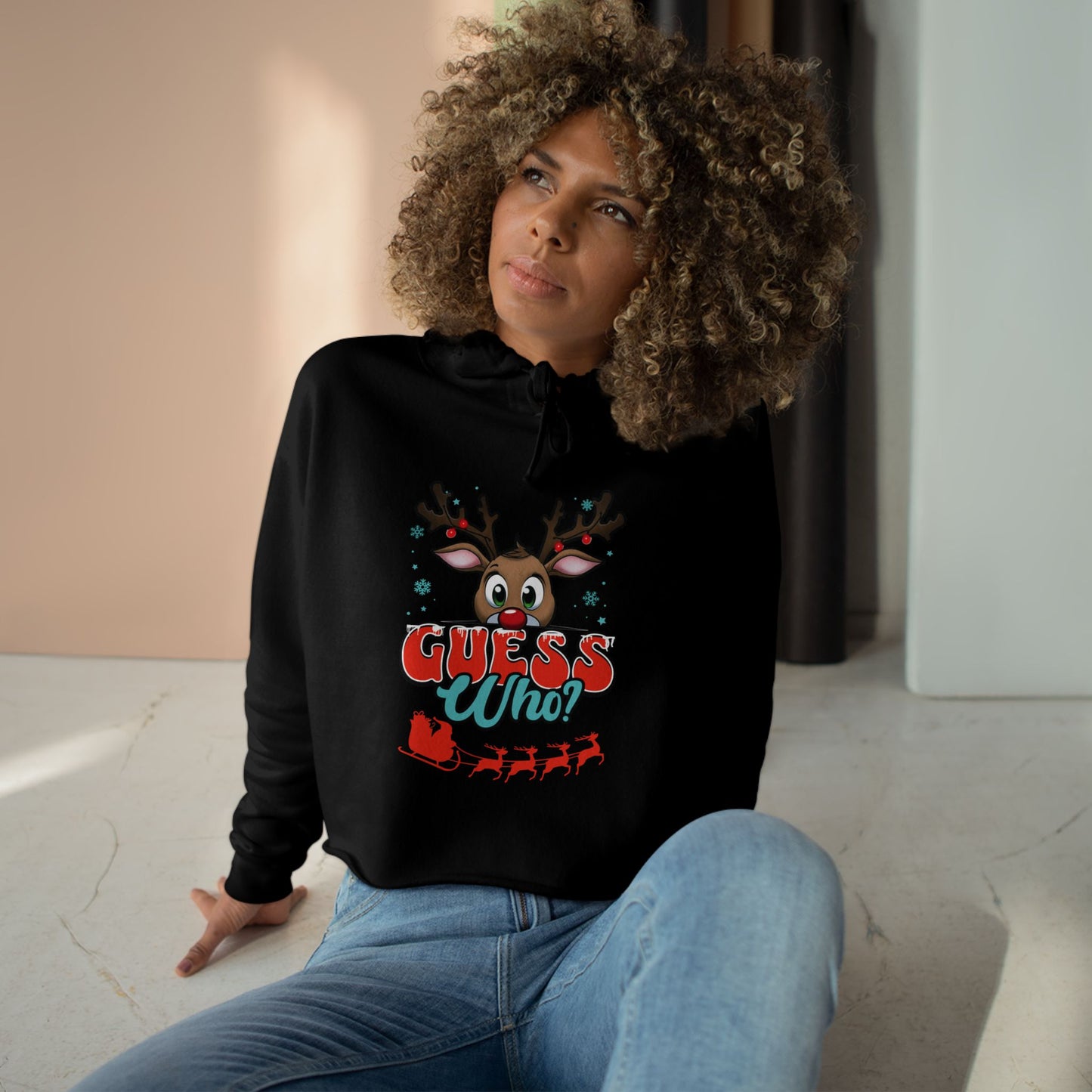 Christmas Crop Top Peeking Reindeer Hoodie Cute Santa Sleigh Guess Who Sweatshirt Design Holiday Gift Fashion Winter Wonderland Idea