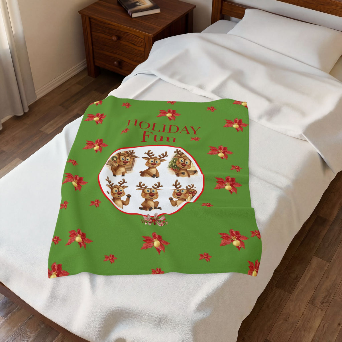Holiday Fun Christmas Velveteen Plush Blanket | Festive Reindeer Cozy Throw