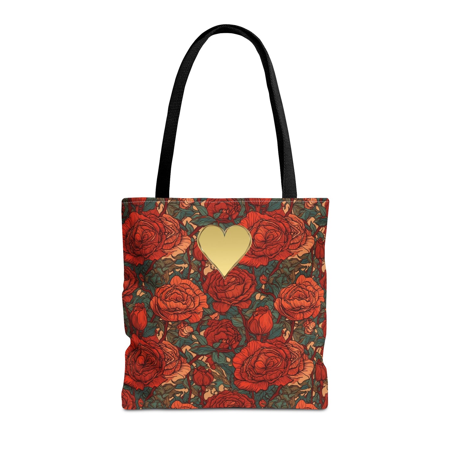 Chic Romantic Tote For Valentine's Day Roses and Hearts Bag Love Themed Gift For Women Gold Heart Embellished Durable Floral Tote Bag